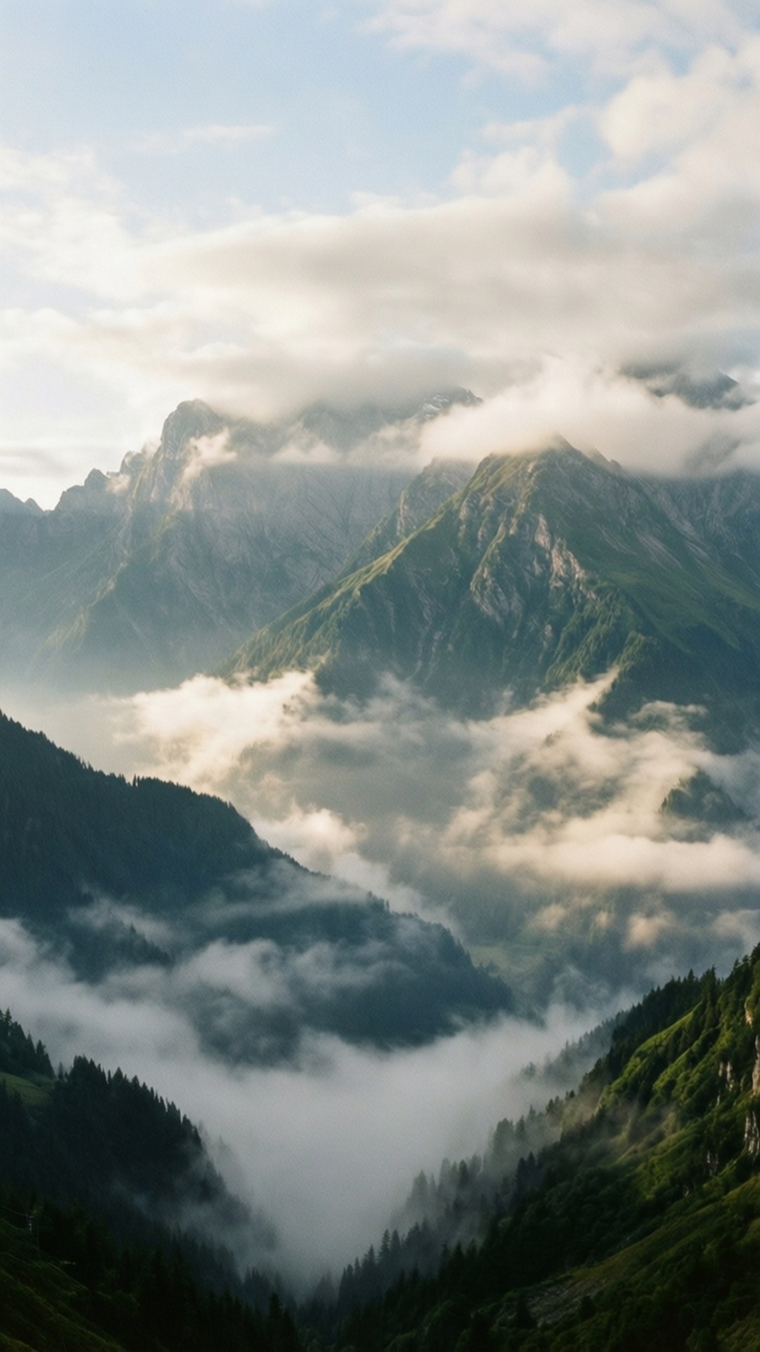 Mountain Mist Embrace 壁紙 — 陽光穿過雲層，露出翠綠山谷中霧海之上參差不齊的山峰。