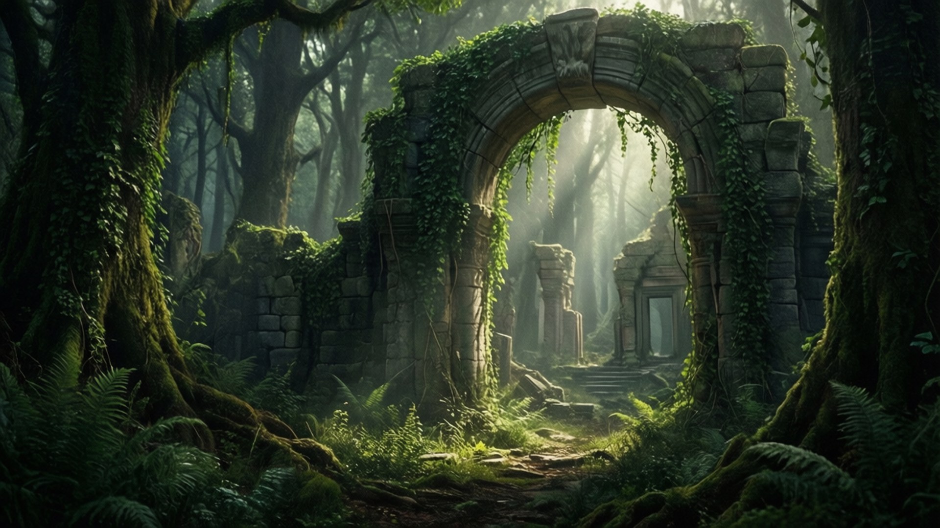 Ancient Stone Arch in Forest 壁紙 — 陽光穿過茂密的森林，照亮了一座長滿苔蘚和常春藤的古老石拱門，通往搖搖欲墜的廢墟。