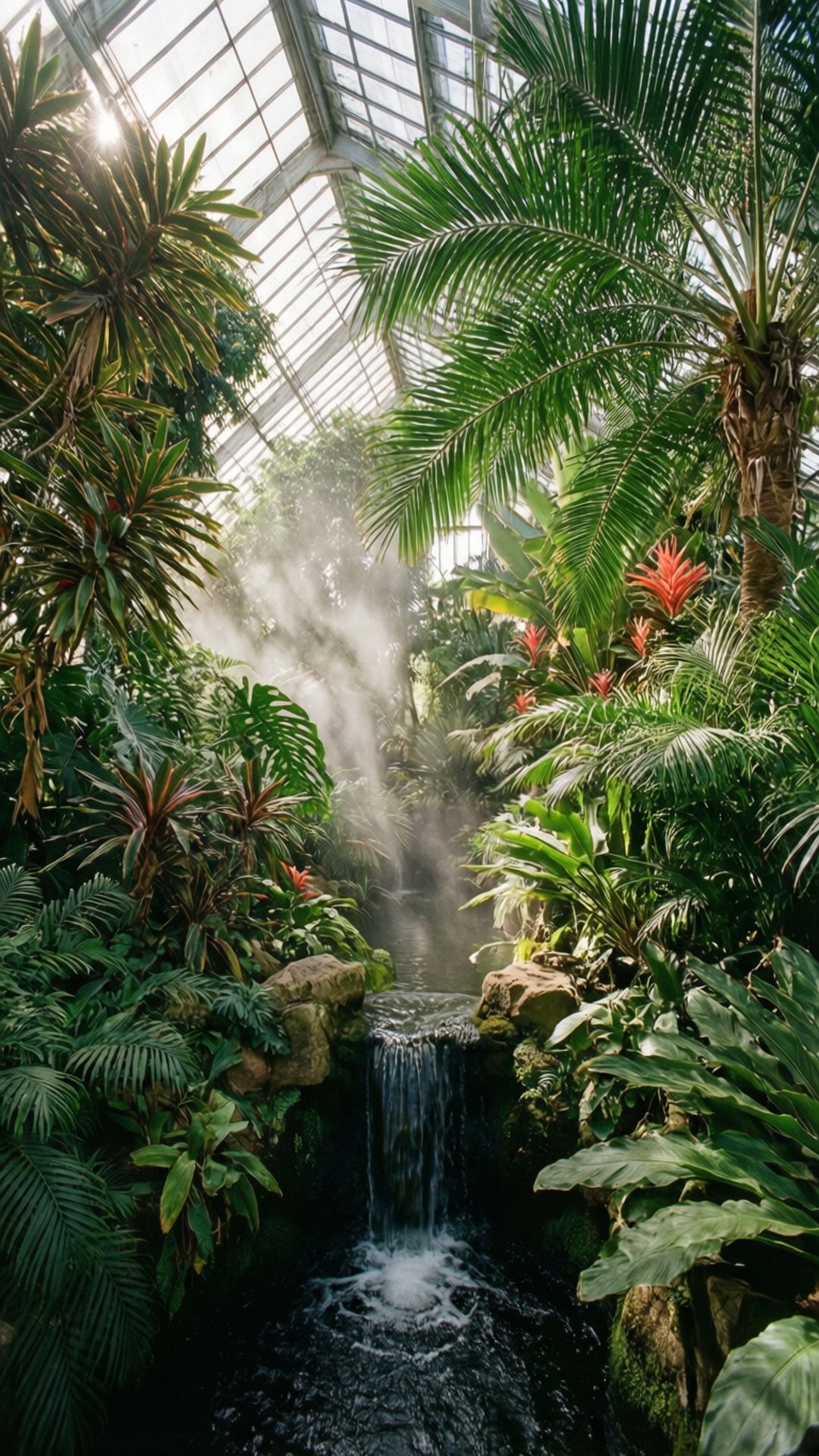 Botanic Garden Conservatory 壁紙 — 陽光穿過玻璃天花板，照亮了一個霧氣瀰漫的熱帶瀑布，周圍環繞著茂密的綠色樹葉和鮮豔的紅色花朵。