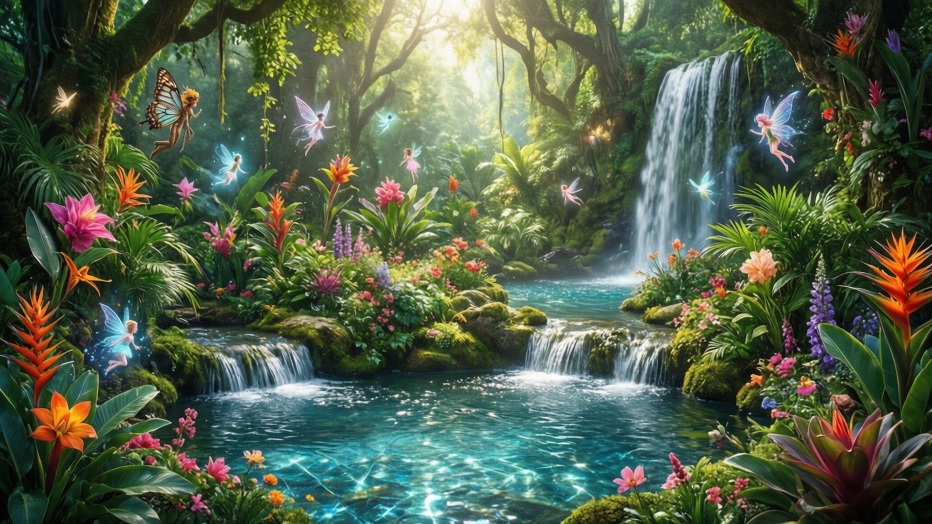 Garden of Eden 壁紙 — 陽光穿過茂密的叢林樹冠，照亮了一個層疊的瀑布，周圍環繞著充滿活力的熱帶花朵和飛舞的仙女。