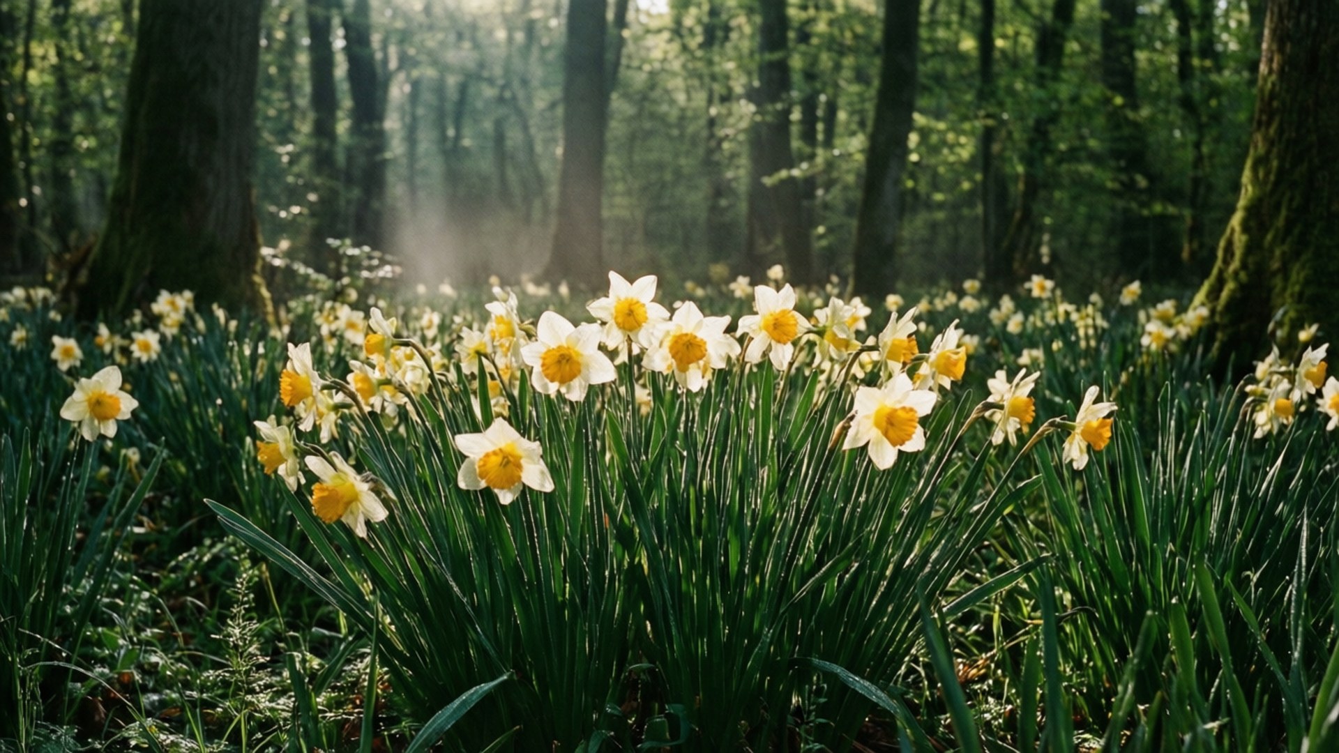 Forest Narcissus Glade 壁紙 — 陽光穿過薄霧籠罩的森林，照亮了一片盛開白色和黃色水仙花的生機勃勃的田野。