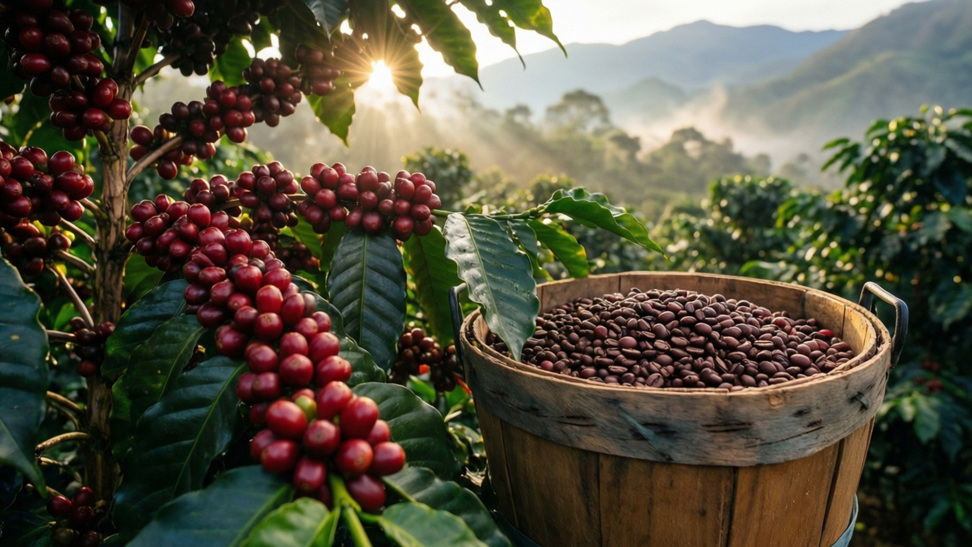 Colombian Coffee Harvest 壁紙 — 陽光穿過咖啡葉，照亮成熟的紅色櫻桃，旁邊有一個裝滿深焙咖啡豆的木桶。