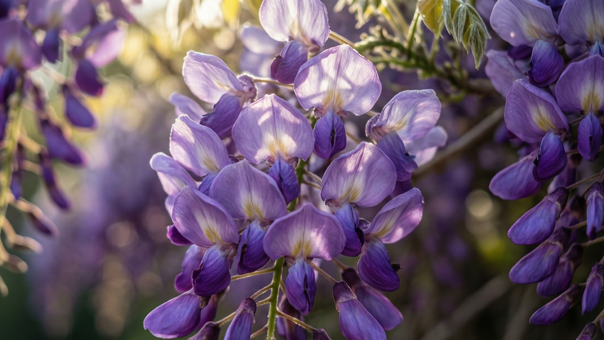 Wisteria 桌布 壁紙 — 陽光穿過精緻的紫色紫藤花，在模糊的綠色樹葉背景下營造出柔和發光的效果。