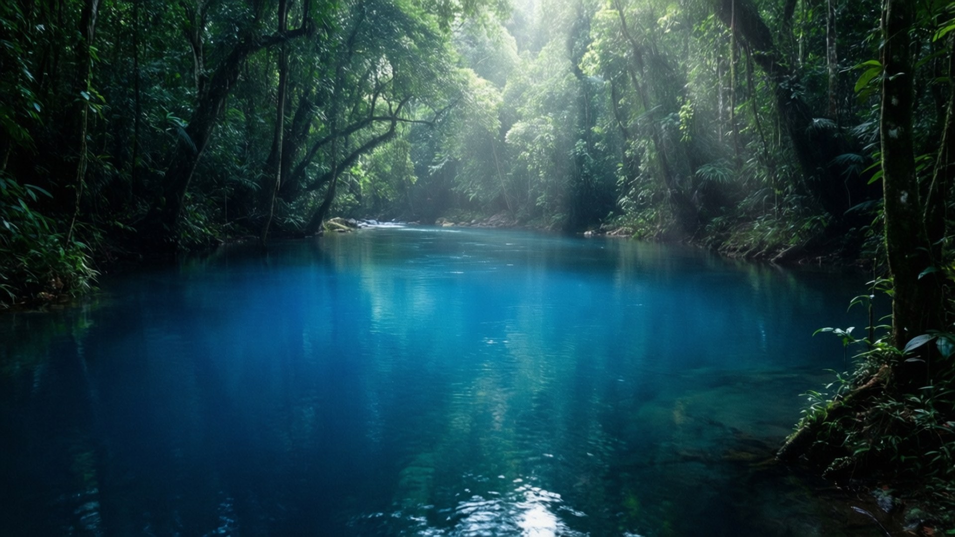Enchanted River Mystery 壁紙 — 陽光穿過茂密的綠色樹冠，灑在一條平靜的藍綠色河流上，河流蜿蜒穿過茂密的叢林。