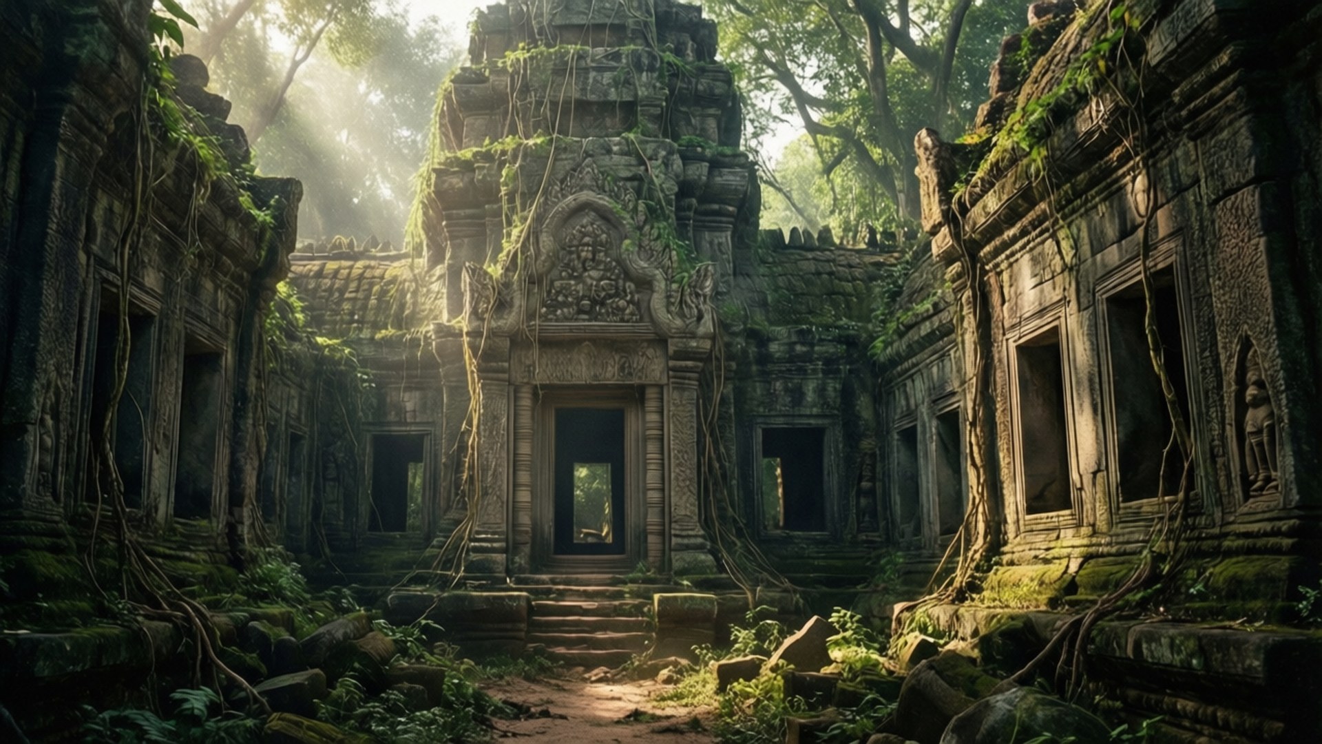 Epic Ancient Ruins 壁紙 — 陽光穿過茂密的叢林樹冠，照亮了被苔蘚和粗藤蔓覆蓋的古老石廟遺跡。