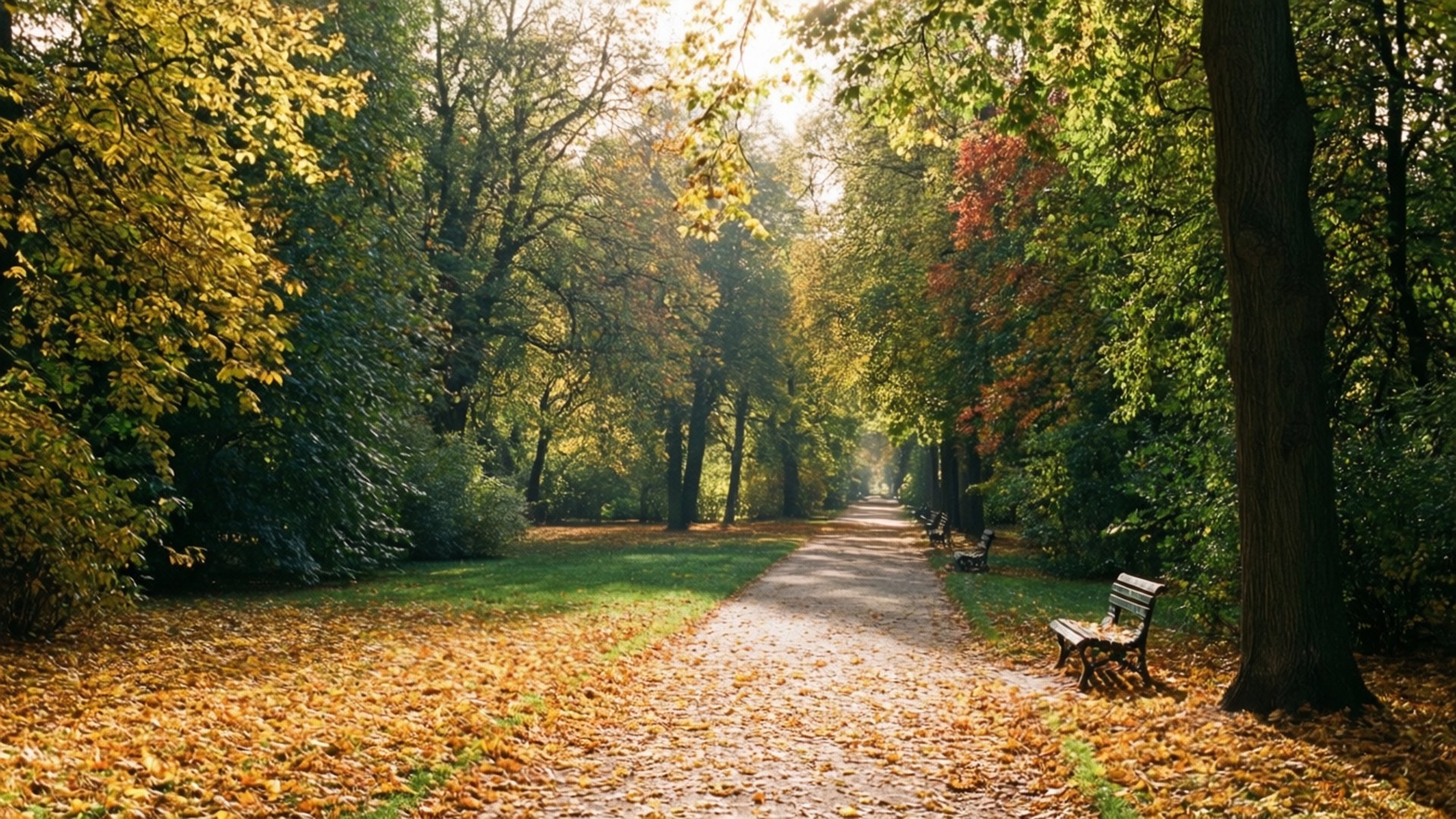 Autumn Tiergarten 壁紙 — 陽光穿過金黃色的秋葉，鋪滿了寧靜的公園小徑，兩旁有長椅和高大的樹木。