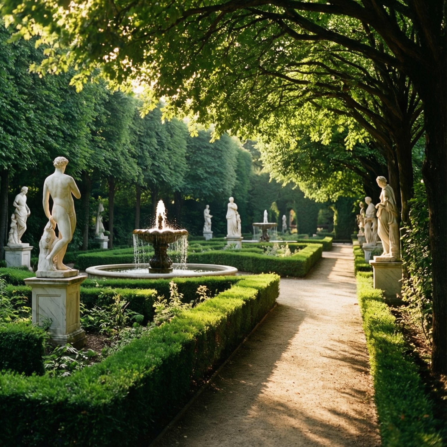 Summer Garden Serenity 壁紙 — 陽光穿過樹葉茂密的樹木，照亮了一條對稱的花園小徑，兩旁排列著古典雕像和修剪整齊的樹籬。