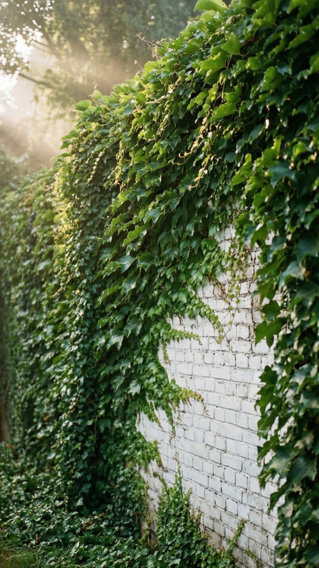 Ivy-Covered White Brick 壁紙 — 陽光穿過樹葉，茂密的綠色常春藤攀爬在風化的白色磚牆上，營造出寧靜的花園場景。