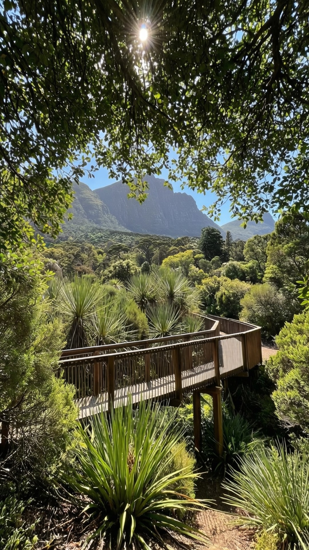 Kirstenbosch Canopy Walk 壁紙 — 陽光穿過茂密的綠葉，灑在蜿蜒穿過茂密熱帶植物、通往遠處山脈的木棧道上。
