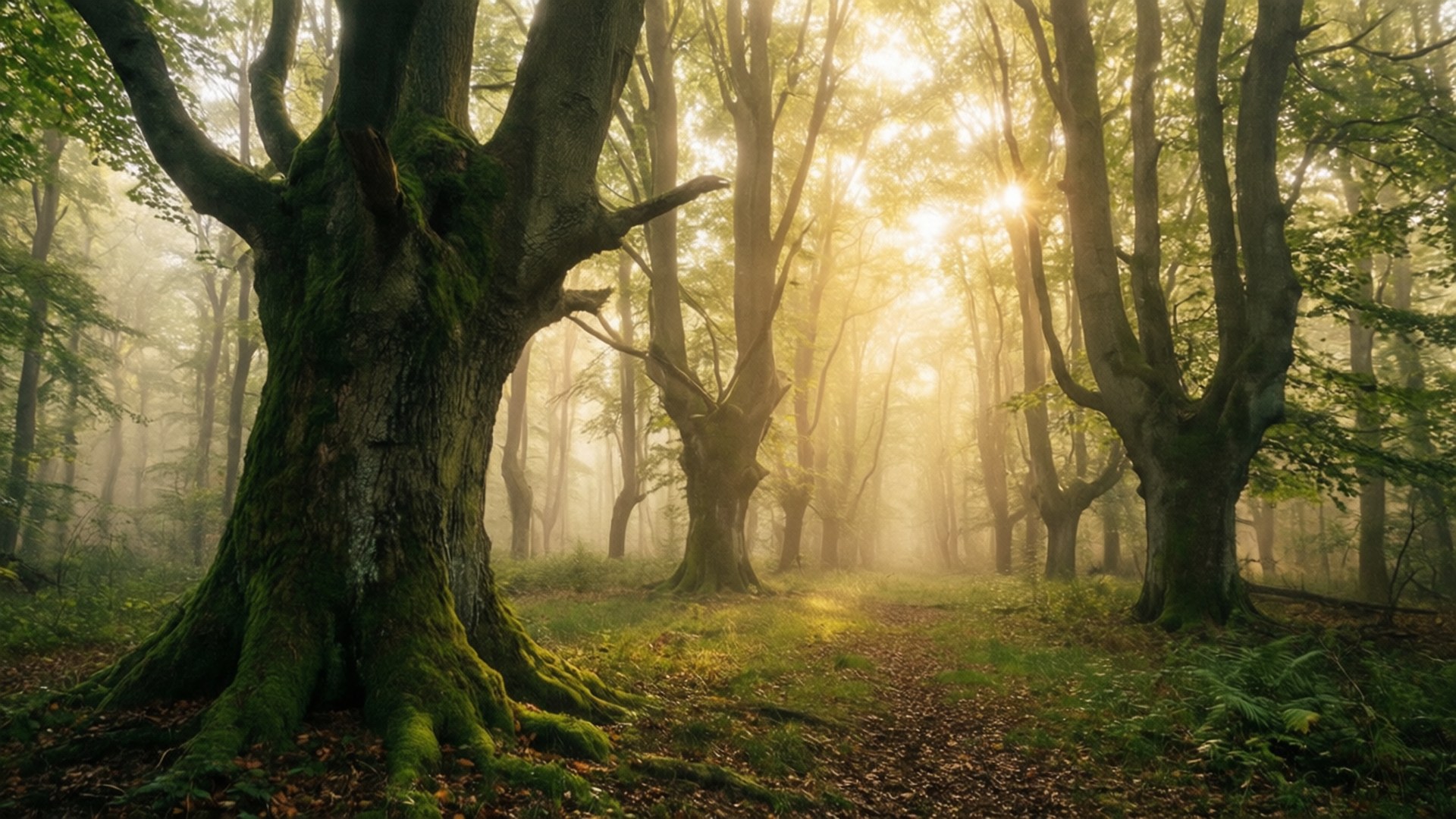 Enchanted Czech Forest 壁紙 — 陽光穿過霧氣瀰漫的樹木，照進一片寧靜的森林，地上有長滿苔蘚的樹幹和落葉。