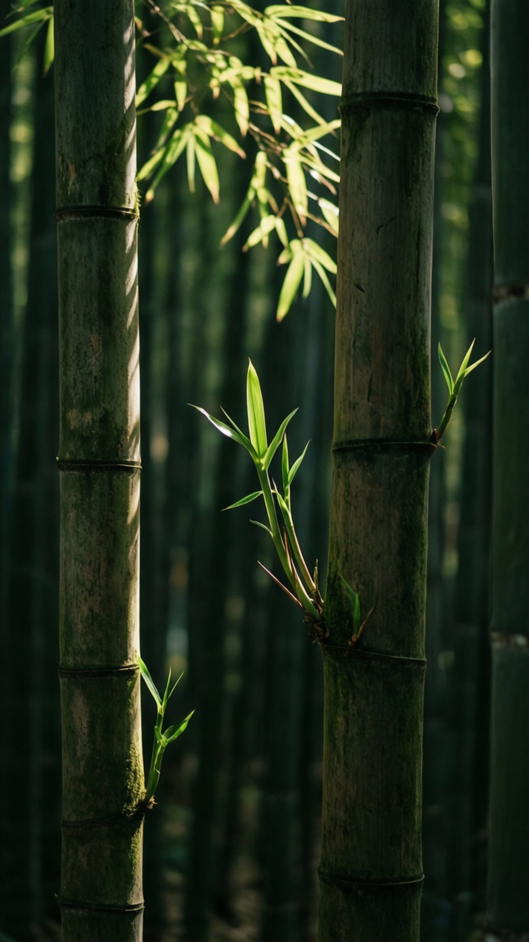 Bamboo Spring 壁紙 — 陽光穿過高大的綠色竹莖，突出嫩芽和紋理節點，在寧靜的森林中。