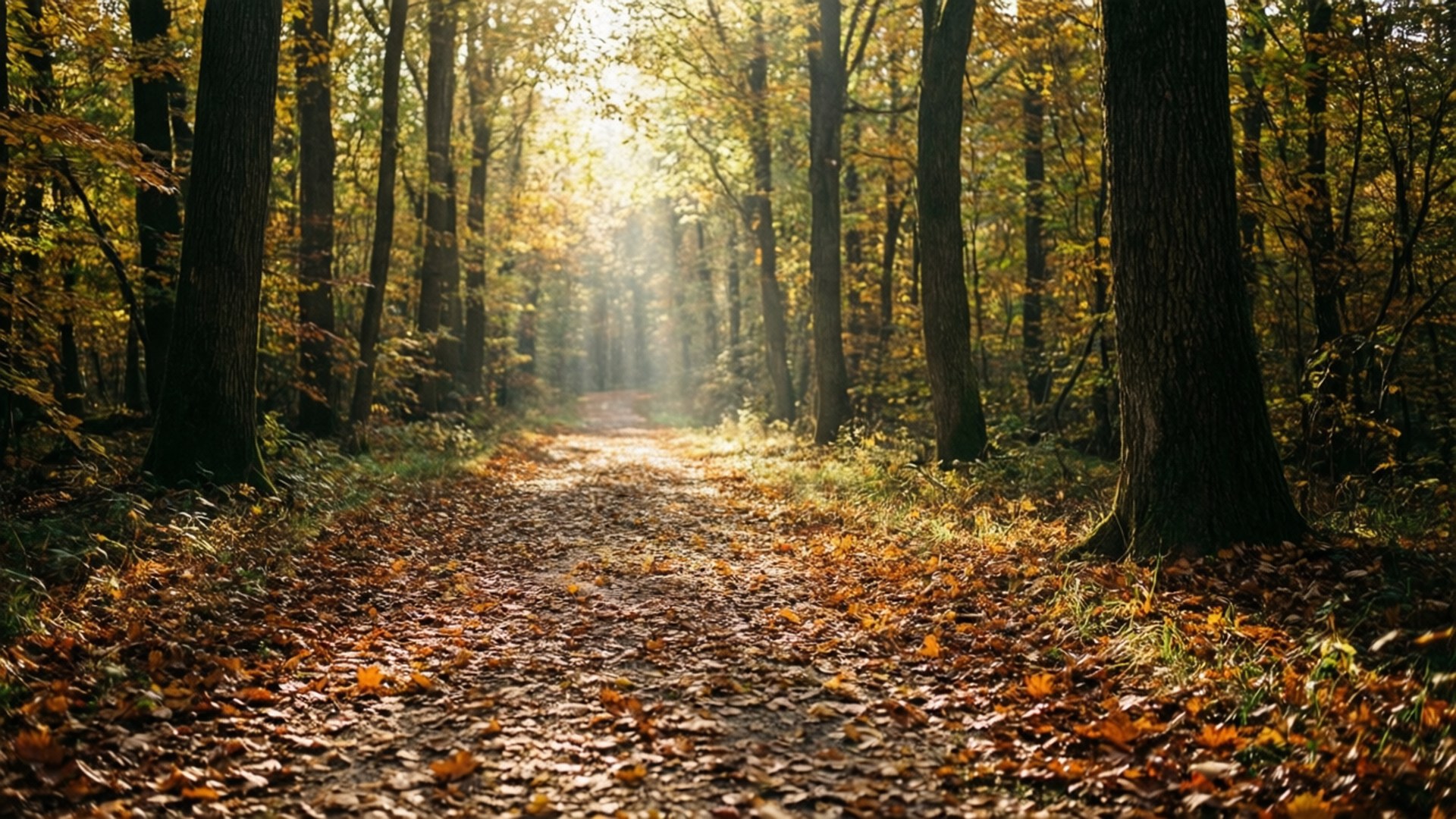 Autumn Path 壁紙 — 陽光穿過高大的樹木，將金色的光束投射到落葉覆蓋的森林小徑上。