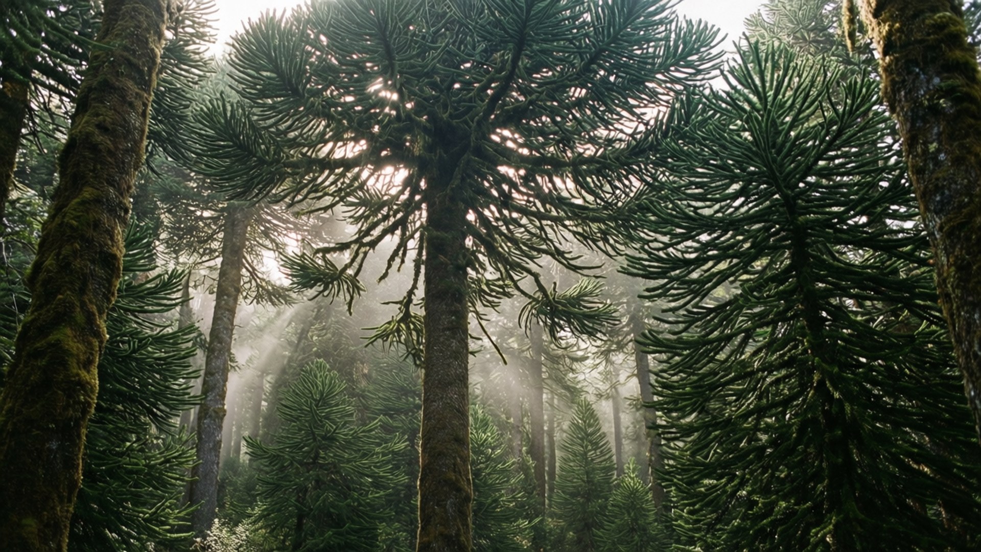 Conguillío Araucaria Forest 壁紙 — 陽光穿過霧氣瀰漫的森林中高聳的南洋杉樹，樹幹長滿苔蘚，綠葉茂密。