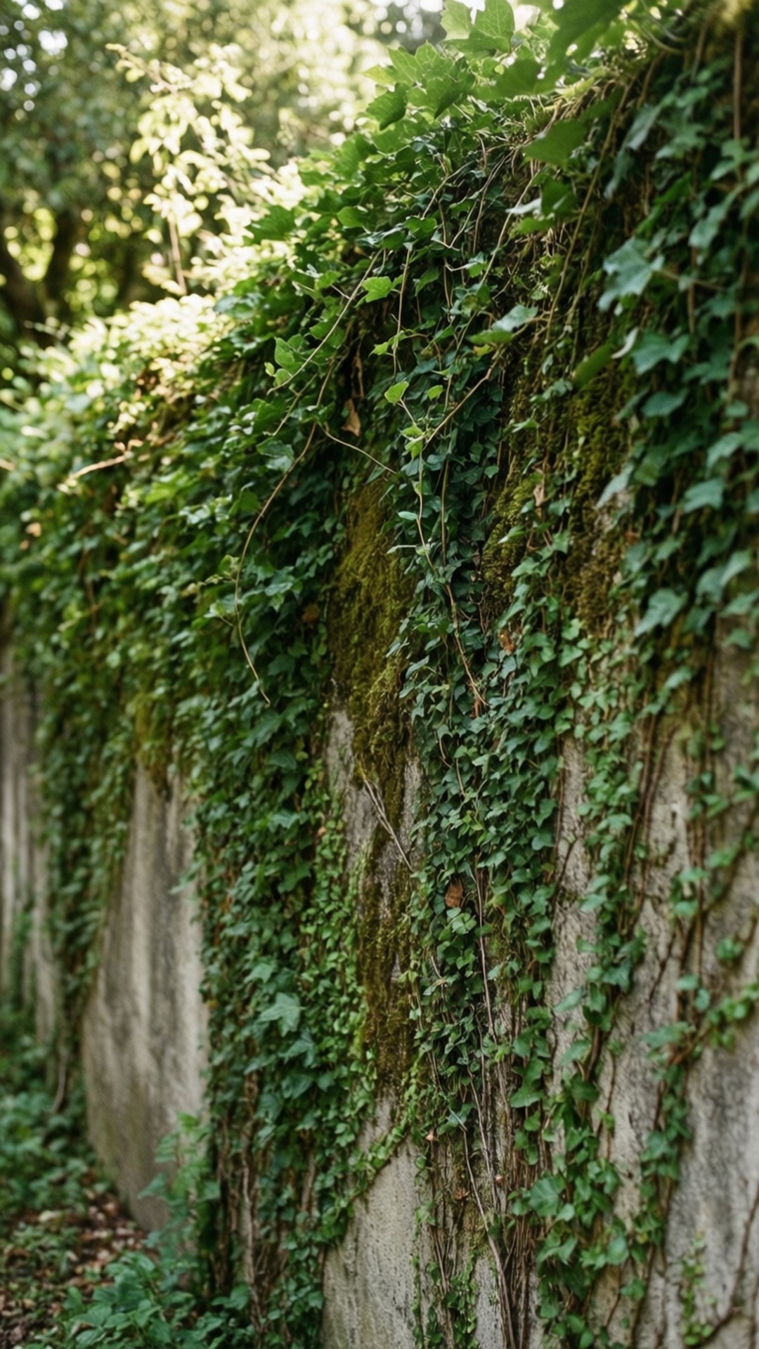 Mossy Concrete Wall 壁紙 — 陽光穿過樹木，照亮了密密麻麻覆蓋著鮮綠色常春藤和苔蘚的石牆。