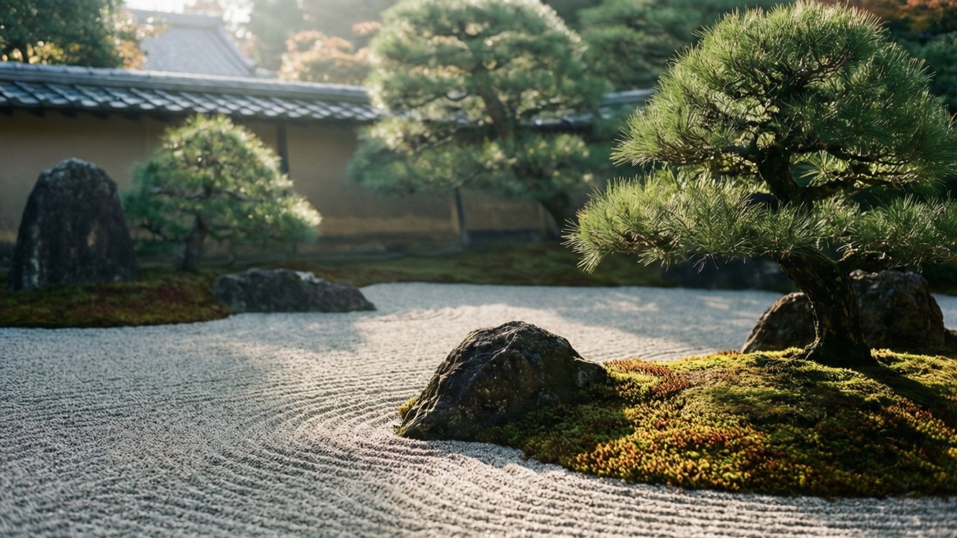 Zen Garden Peace 壁紙 — 陽光穿過樹木，灑落在一個精心耙過的礫石花園上，園中有長滿苔蘚的石頭和一個傳統的日本屋頂，呈現柔焦效果。
