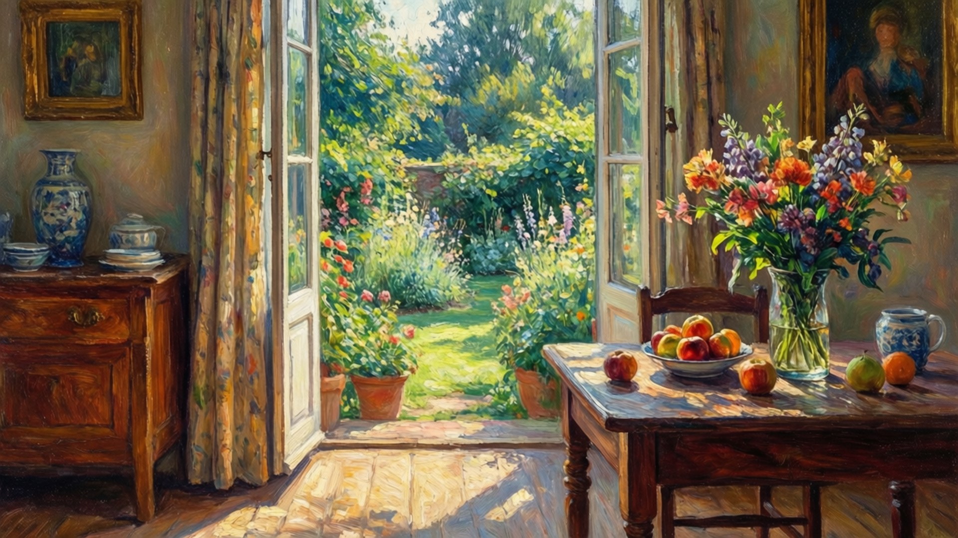 Sunlit Room Serenity 壁紙 — 陽光透過打開的法式門，湧入一個質樸的木製飯廳，通往一個充滿色彩繽紛的花朵和盆栽植物的茂盛綠色花園。