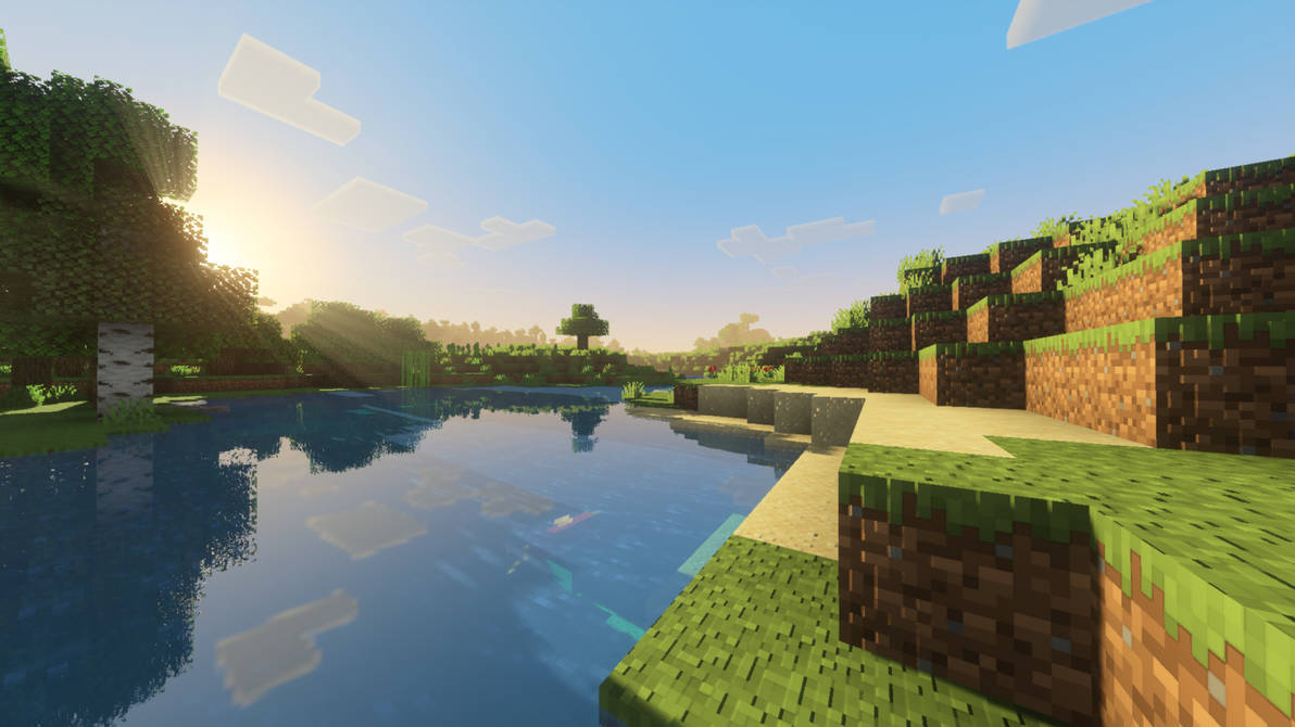 Minecraft像素化湖日出，有塊狀草山和樹木 — 可愛的 Minecraft 壁紙