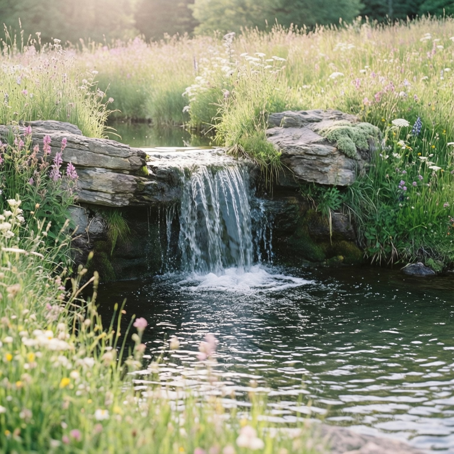 Meadow Gentle Falls 壁紙 — 陽光在輕柔的瀑布上閃爍，瀑布流過長滿苔蘚的岩石，落入一個被野花環繞的寧靜池塘。