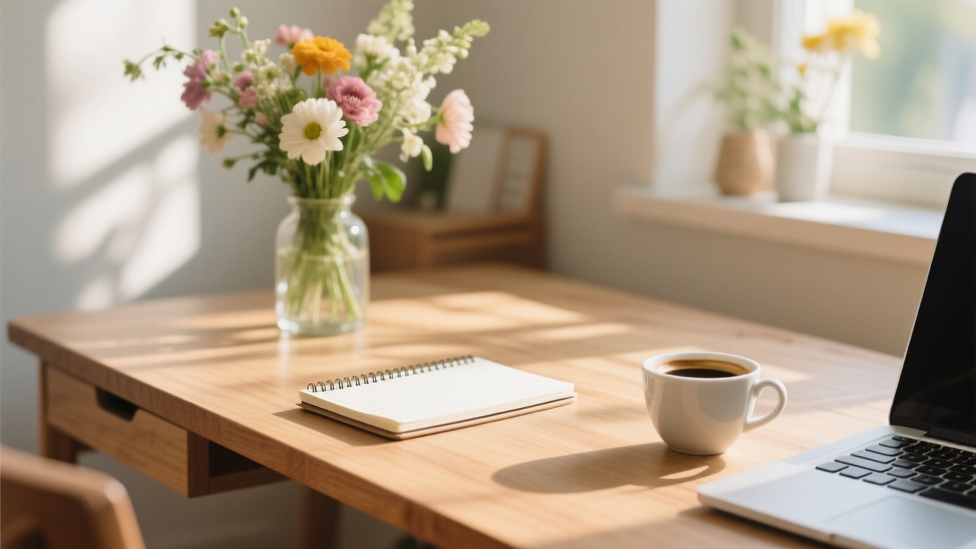Morning Espresso Desk 壁紙 — 陽光灑在木桌上，桌上放著一瓶色彩繽紛的野花、一本筆記本和一杯咖啡，旁邊還有一部筆記型電腦。