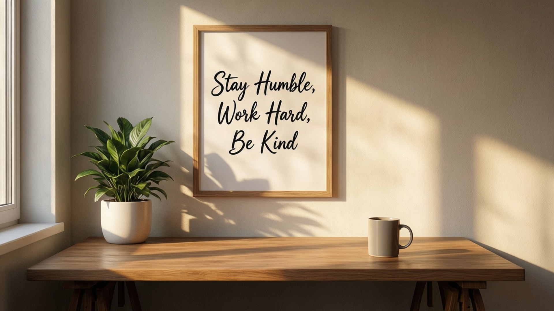 Stay Humble, Work Hard, Be Kind 桌布 壁紙 — 陽光灑在木桌上，桌上有一盆植物、一個杯子，牆上掛著一幅裱框的勵志名言。