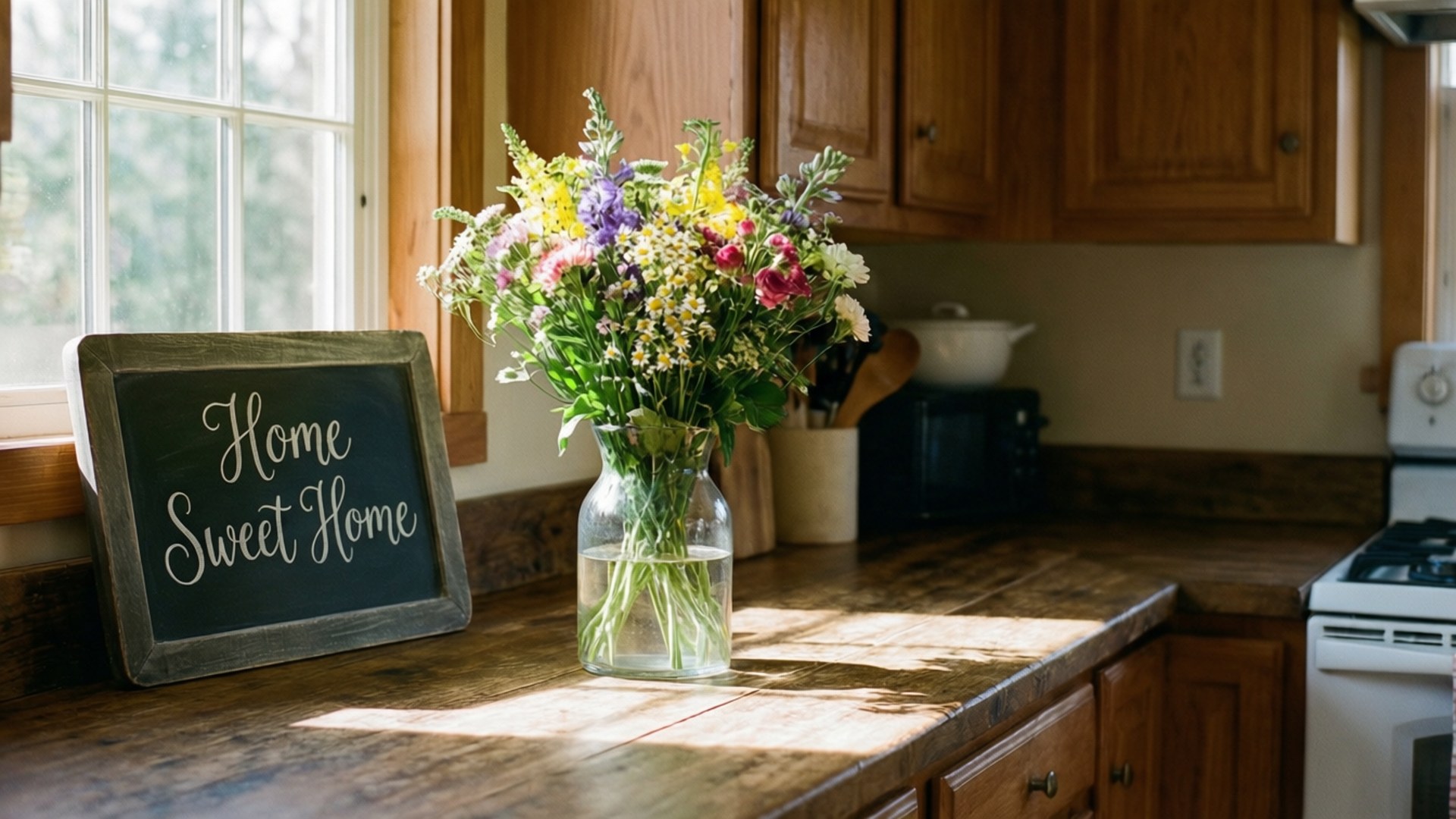 Farmhouse Kitchen 壁紙 — 陽光灑在木製廚房檯面上，一個玻璃花瓶裡插著色彩繽紛的野花花束，旁邊有一塊寫著Home Sweet Home的黑板標誌。
