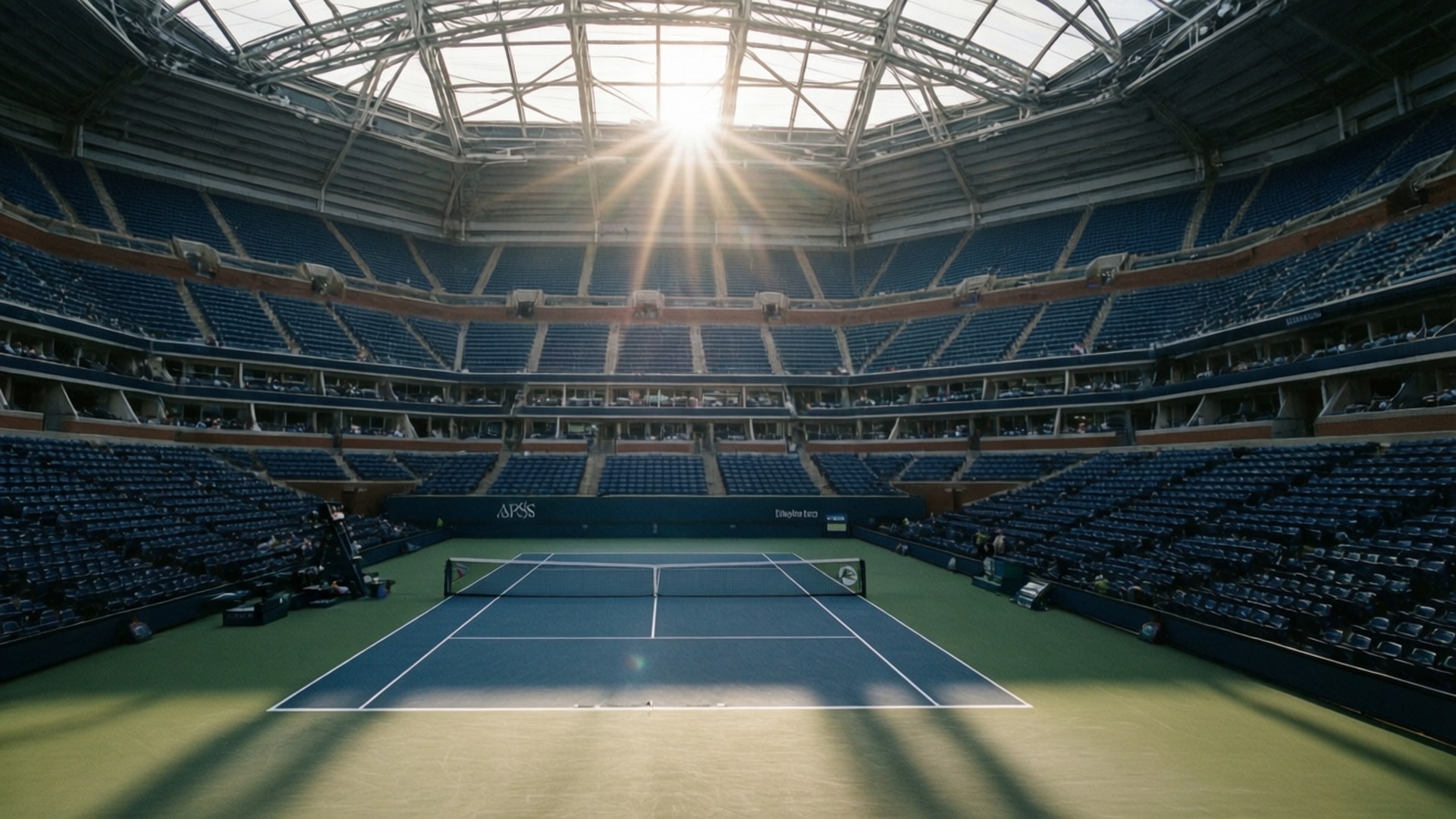 Quiet Morning Court 壁紙 — 陽光穿過玻璃穹頂，照亮了一個被藍色體育場座位包圍的空網球場。