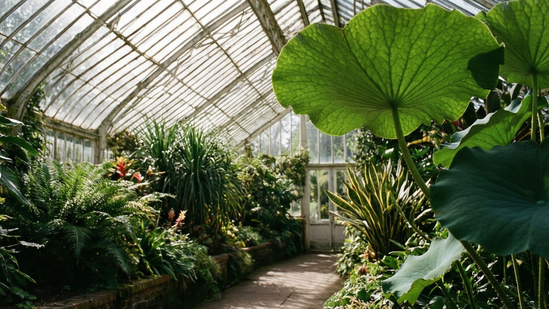 Botanical Garden Oasis 壁紙 — 陽光穿過玻璃溫室屋頂，照亮了茂密的綠色植物和蜿蜒的石徑。
