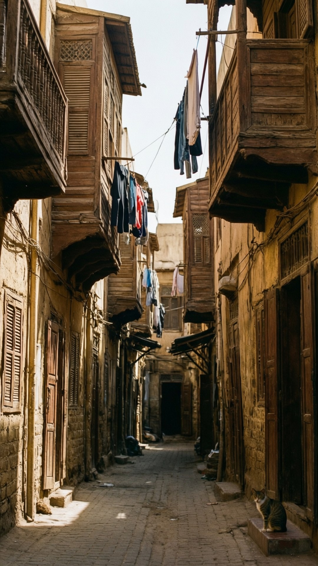 Old Quarter Alley 壁紙 — 陽光穿過狹窄的小巷，兩旁是風化的木製陽台，掛著晾曬的衣物，一隻貓坐在台階上。