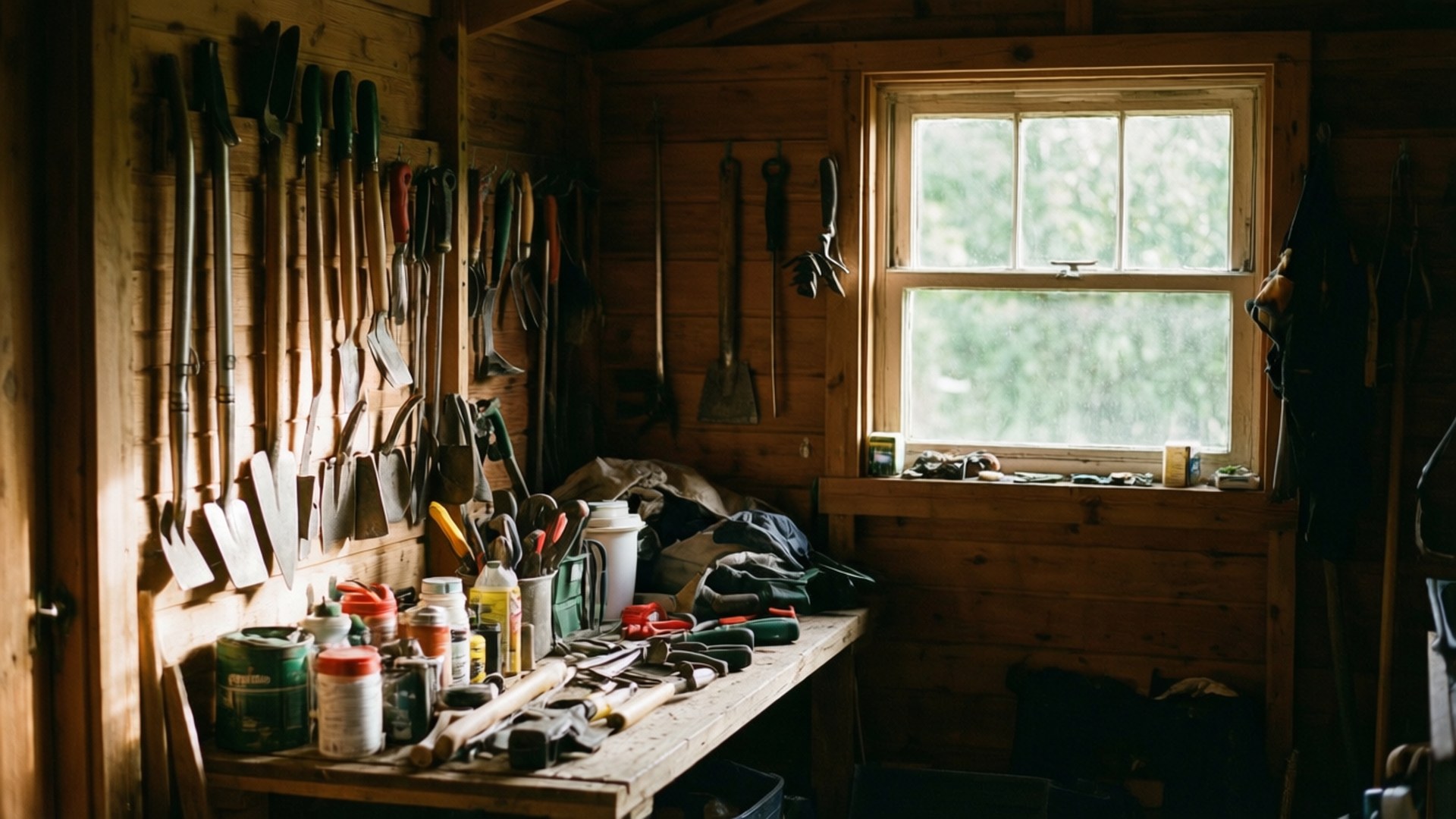 Organized Garden Shed 壁紙 — 陽光穿過窗戶，照亮了一個雜亂的木工坊，裡面掛滿了園藝工具，工作台上堆滿了用品。
