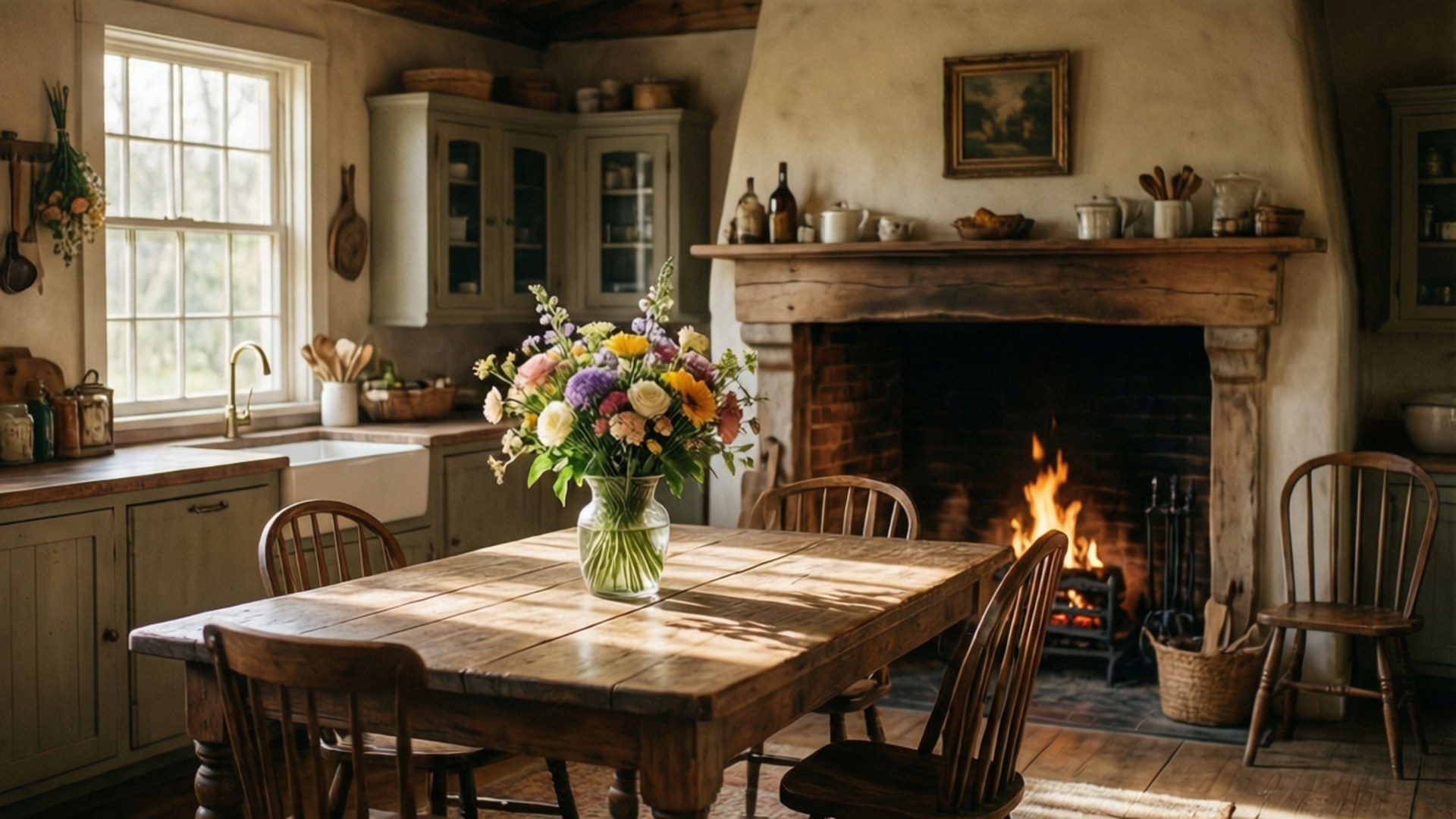 Farmhouse Kitchen Warmth 壁紙 — 陽光穿過窗戶，照亮了一張鄉村風格的木製餐桌，餐桌中央擺放著鮮豔的花藝佈置，前方是噼啪作響的壁爐。