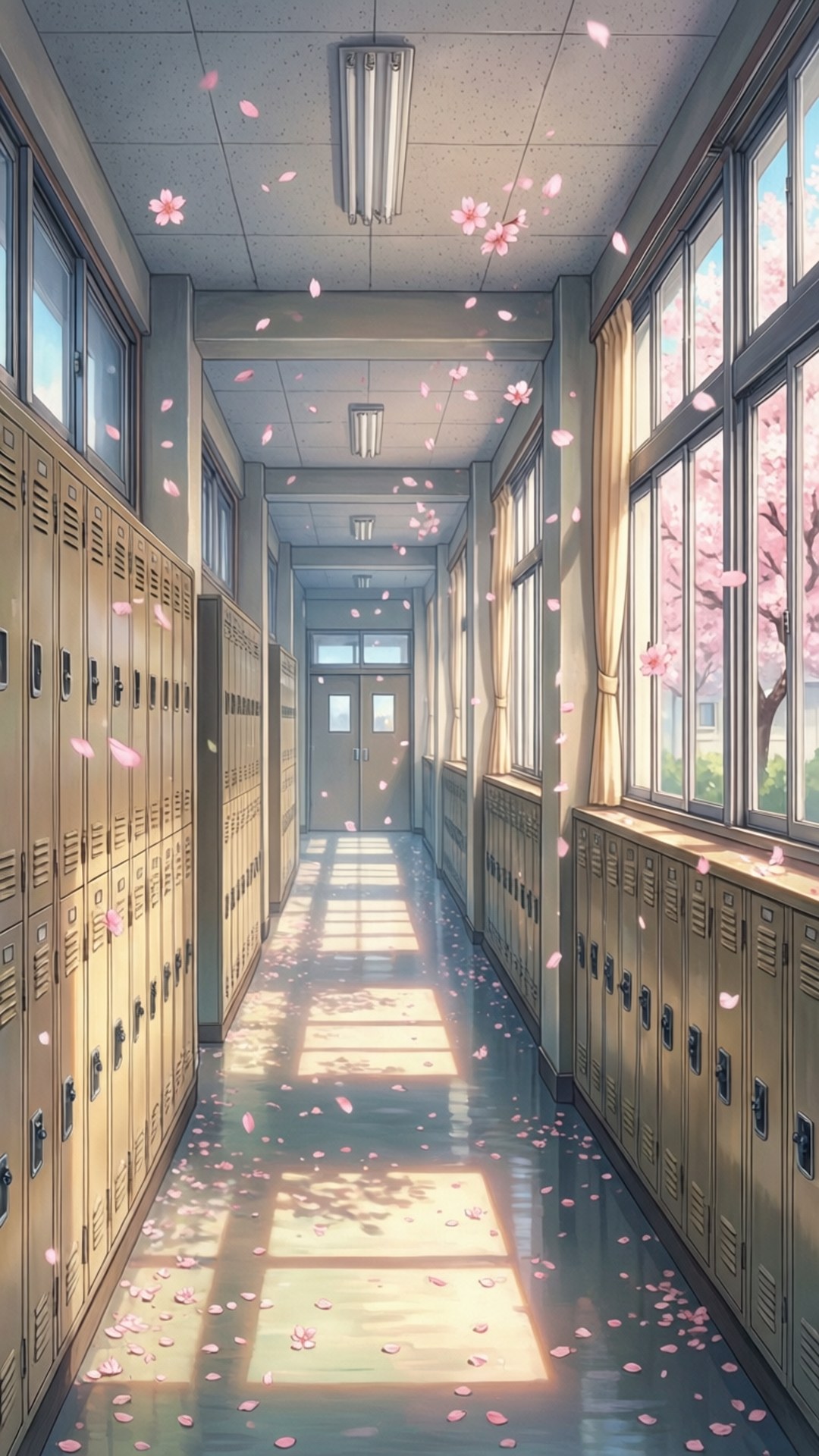 Sakura School Hall 壁紙 — 陽光穿過窗戶，粉紅色的櫻花飄落在一個安靜的學校走廊，兩旁有置物櫃。
