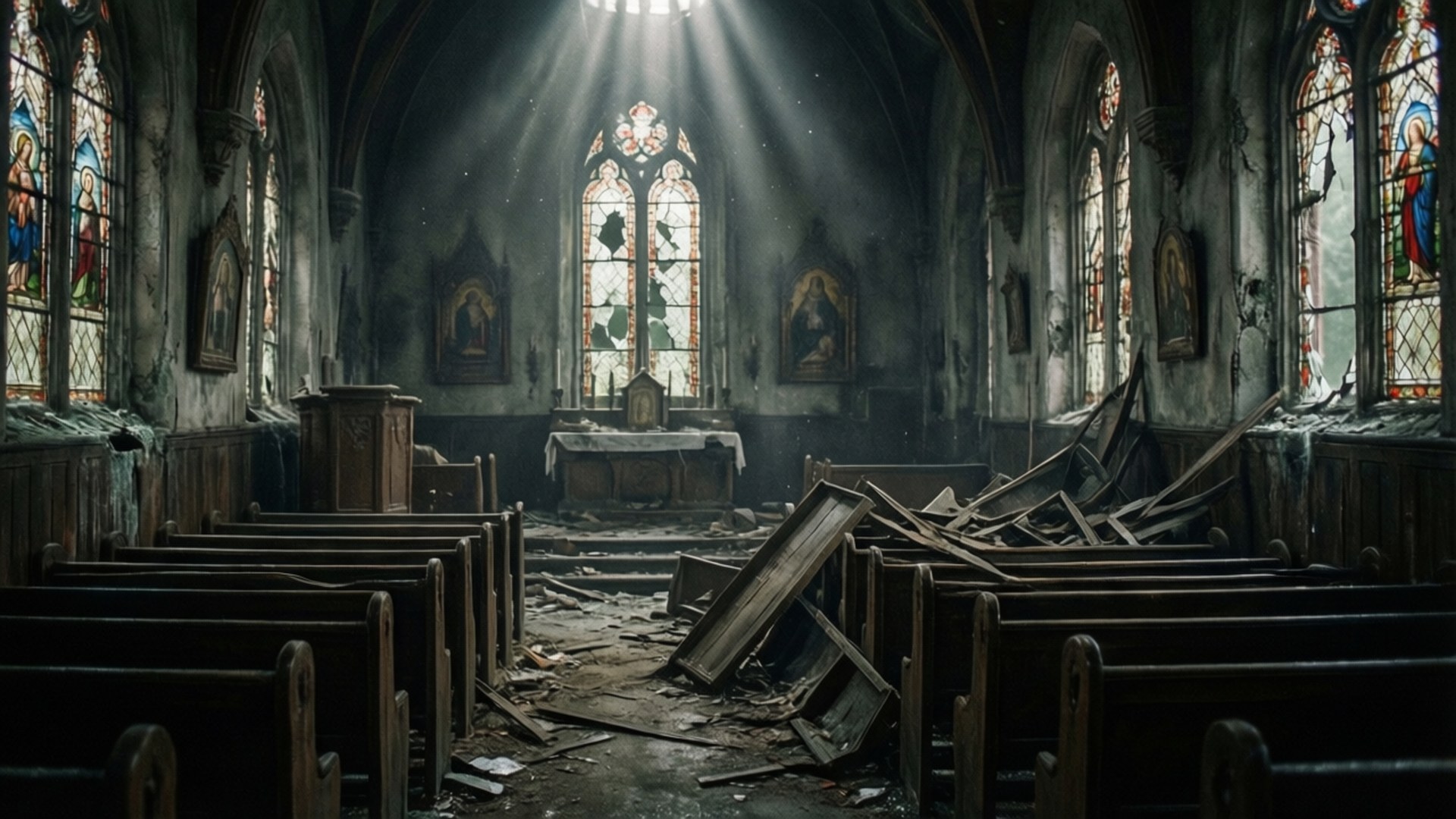 Broken Church Interior 壁紙 — 陽光穿過破碎的彩繪玻璃窗，照亮了廢棄哥德式教堂中的碎片和破損長椅。