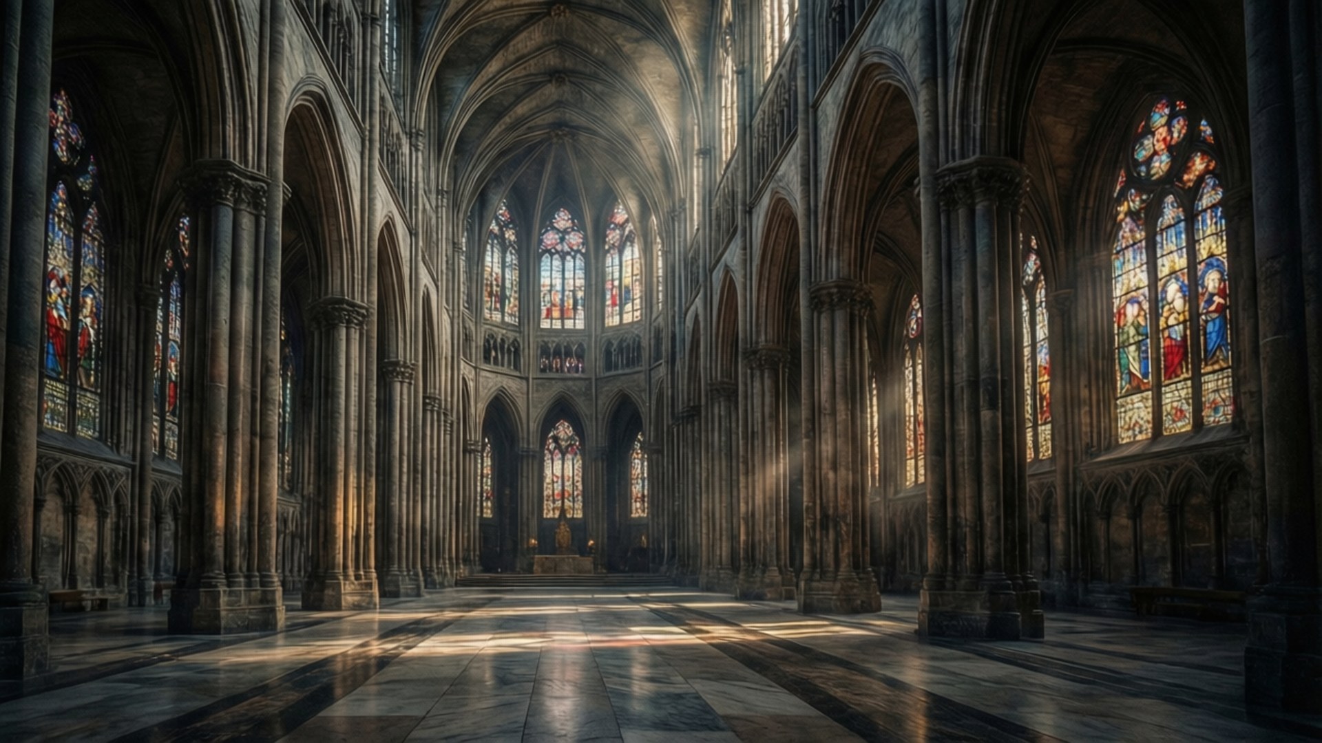Majestic Cathedral Light 壁紙 — 陽光穿過鮮豔的彩繪玻璃窗，照亮了宏偉大教堂內部高聳的石拱門和拋光的大理石地板。