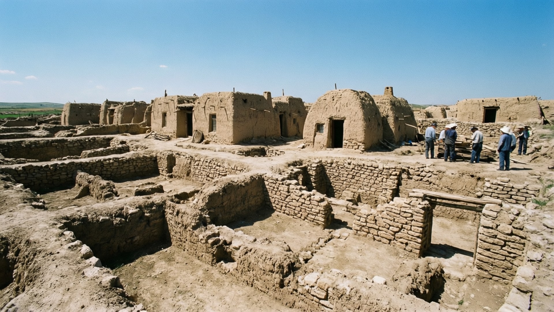 Çatalhöyük Excavations 壁紙 — 陽光普照的古老土坯遺址，有圓頂和長方形結構，遊客在晴朗的藍天下探索該地點。