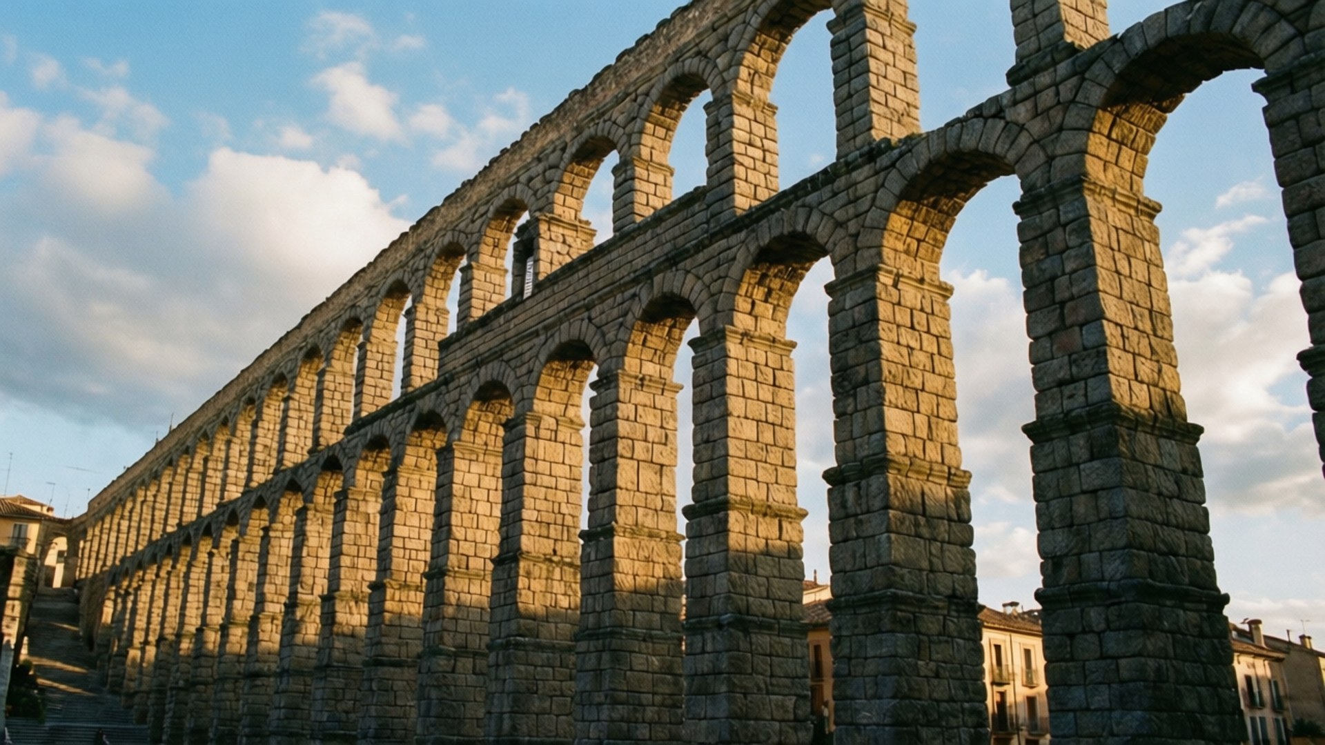 Segovia Roman Aqueduct 壁紙 — 陽光普照的古老石砌渡槽，重複的拱門在藍天白雲下延伸。