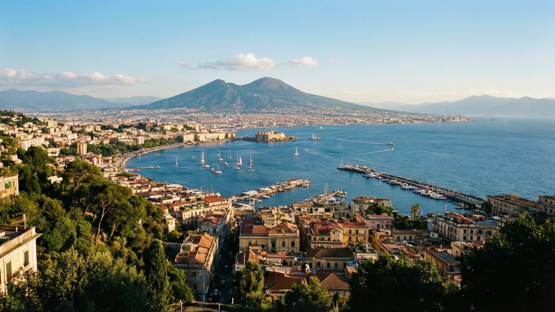 Naples 桌布 壁紙 — 陽光普照的海岸城市景觀，赤陶屋頂環抱著點綴著帆船的海灣，並由一座巍峨的火山主導。