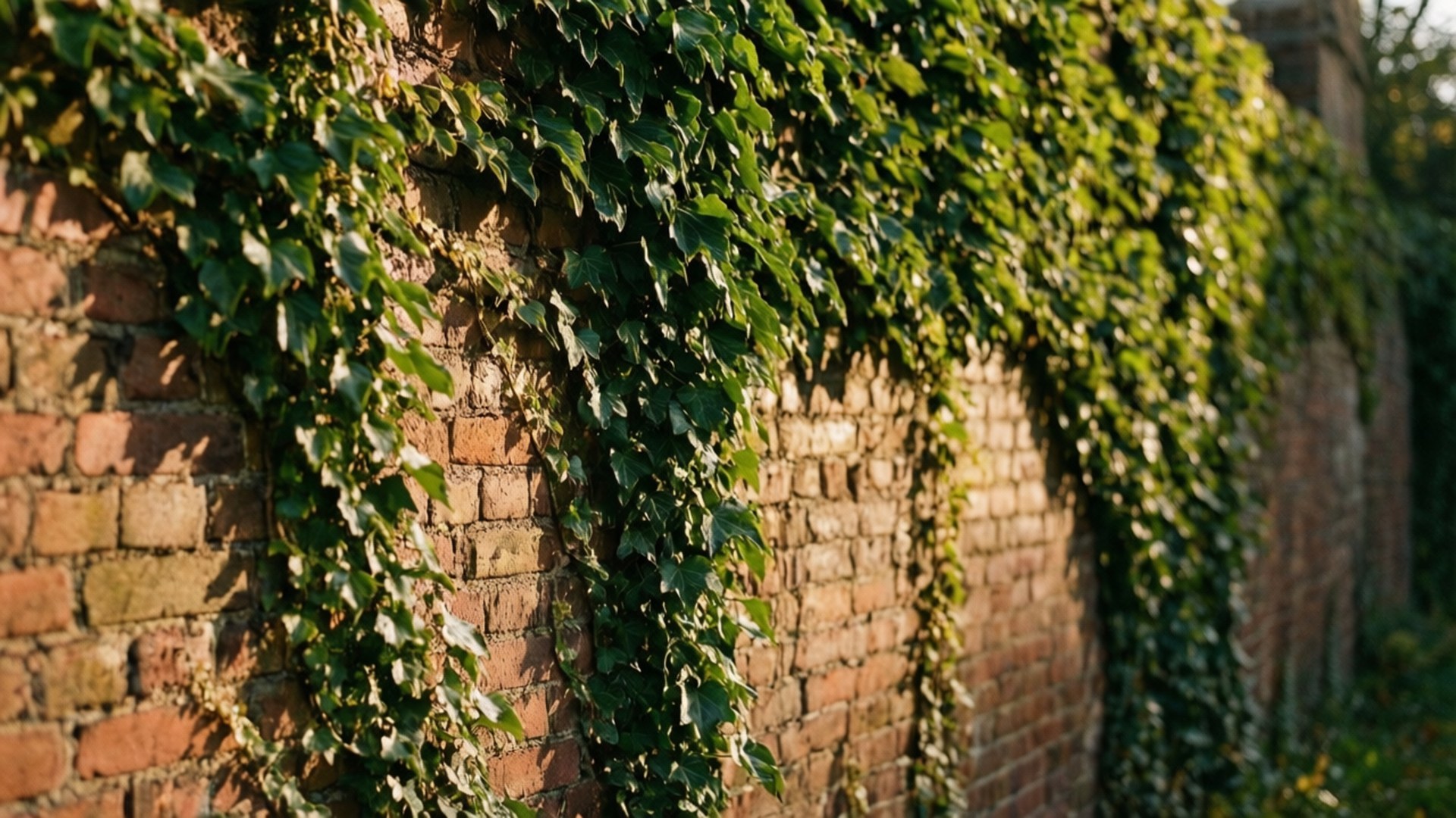 Ivy Covered Brick Wall 壁紙 — 陽光照射的常春藤藤蔓在風化的磚牆上傾瀉而下，在溫暖的金色光線中投下斑駁的陰影。