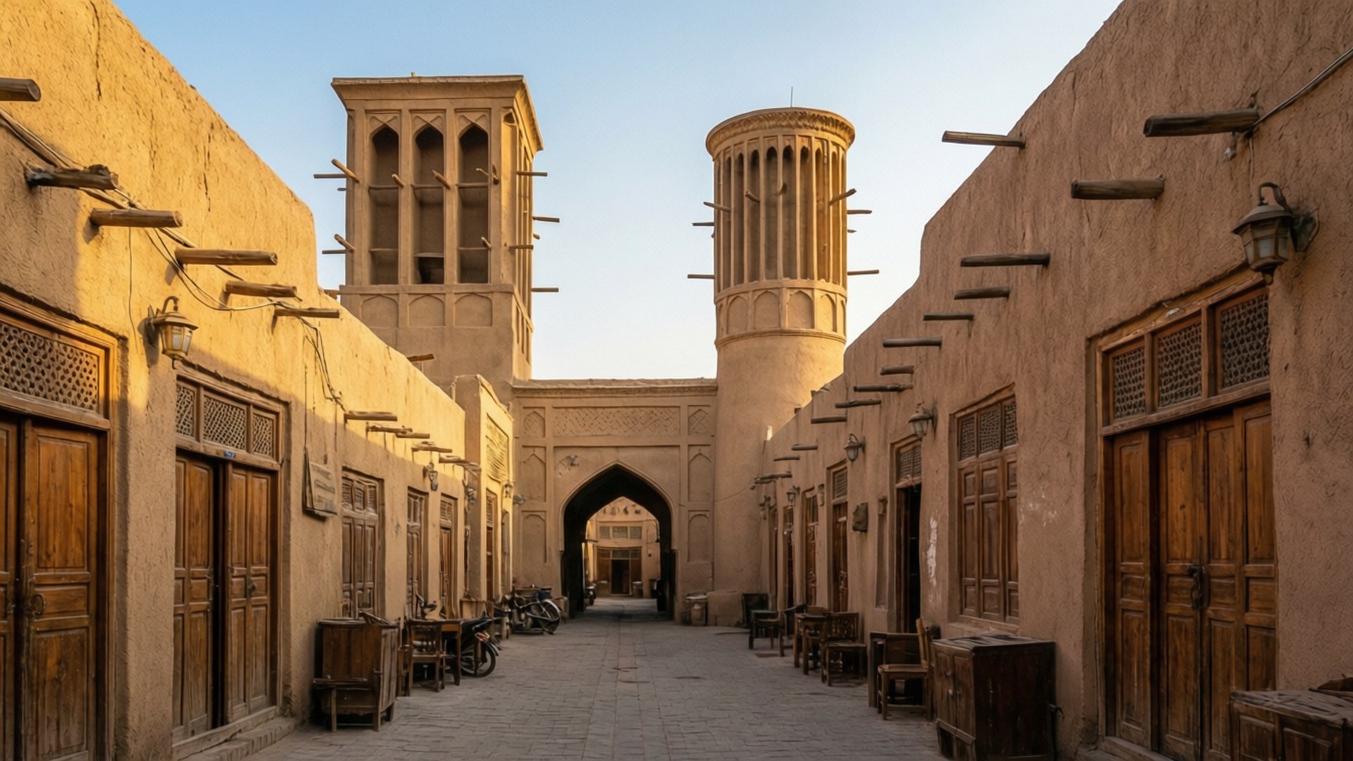 Al Fahidi Heritage Walk 壁紙 — 陽光普照的狹窄小巷，兩旁是米色泥磚建築，有木門和風塔，在清澈的藍天下。
