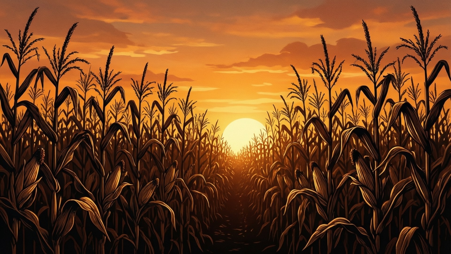 Cornfield Sunset Serenity 壁紙 — 一條陽光照耀的小路蜿蜒穿過高高的玉米稈，在溫暖的橙色日落天空下。
