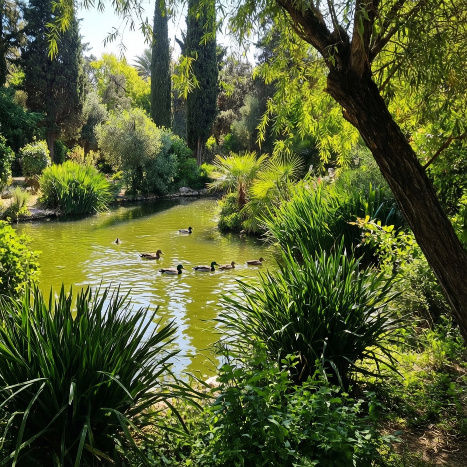 National Garden Serenity 壁紙 — 陽光普照的池塘，四周綠意盎然，鴨子在斑駁的樹蔭下平靜地游泳。