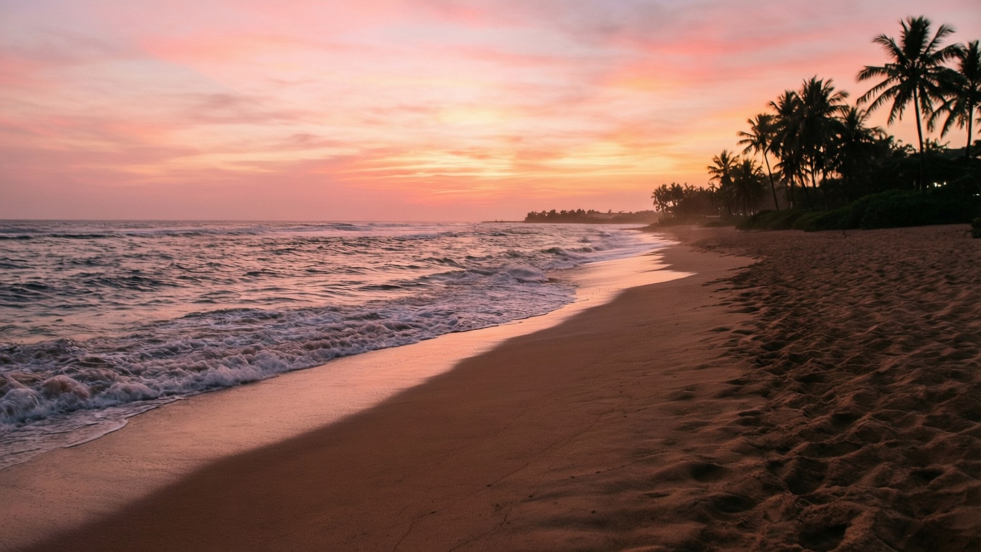 Tropical Sunset Serenity 壁紙 — 夕陽將天空染成柔和的粉紅色和橙色，溫柔的海浪拍打著棕櫚樹成蔭的沙灘。