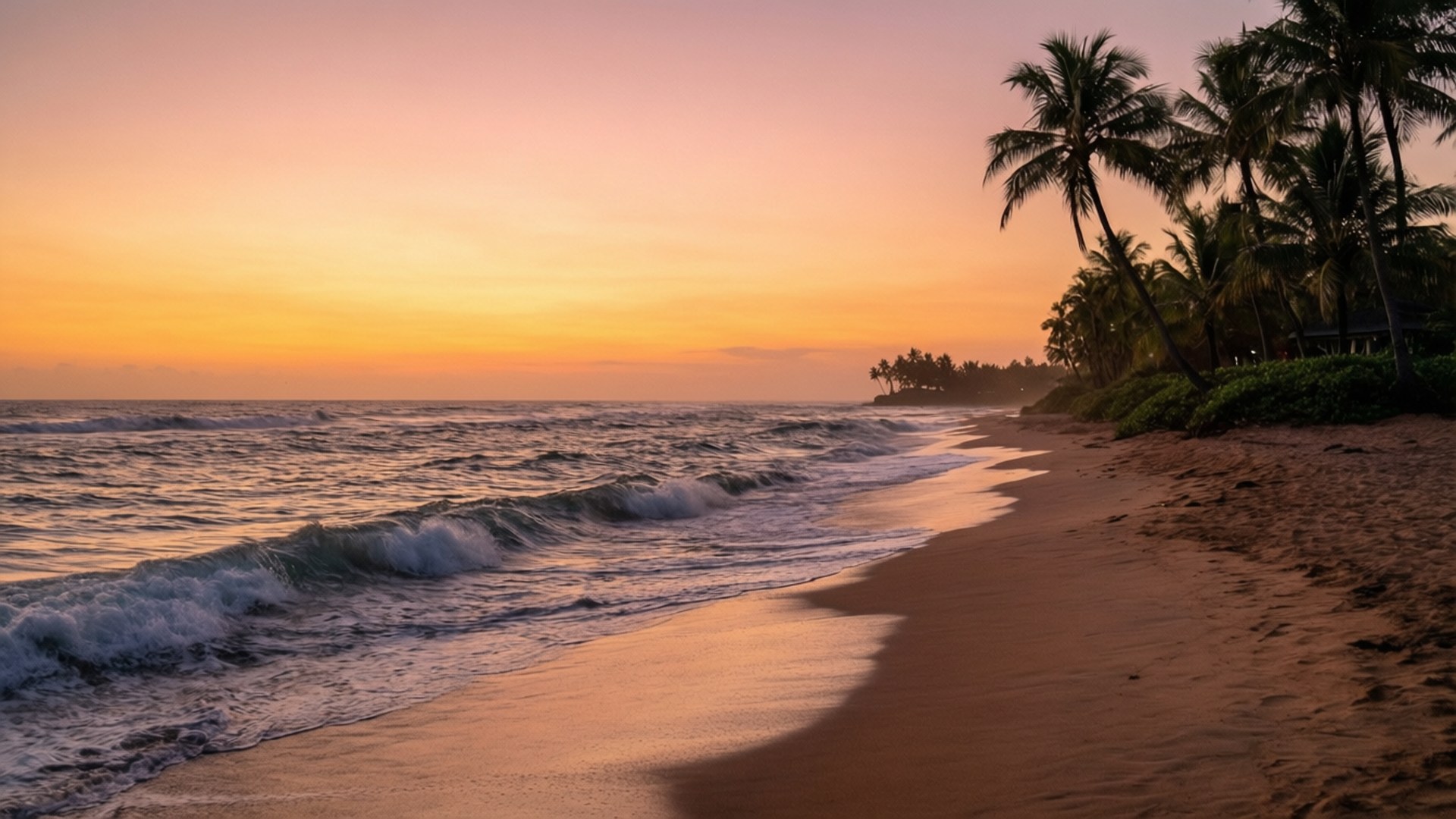 Tropical Sunset Beach 壁紙 — 夕陽將天空染成溫暖的橙色和粉紅色調，溫柔的海浪拍打著棕櫚樹成蔭的沙灘。
