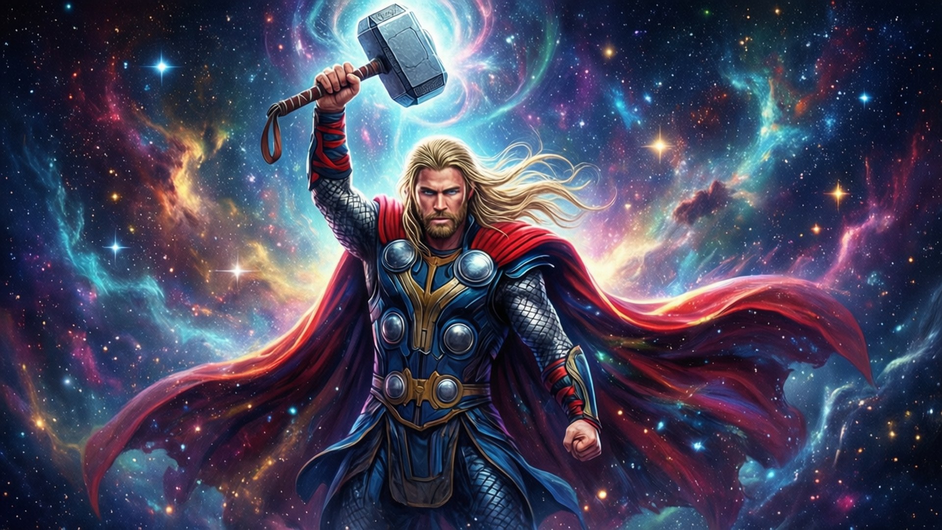 桌布 壁紙 — 索爾英雄地站在宇宙星雲背景下，揮舞著他的雷神之鎚妙爾尼爾，披風飄揚，發光的能量在他周圍旋轉。