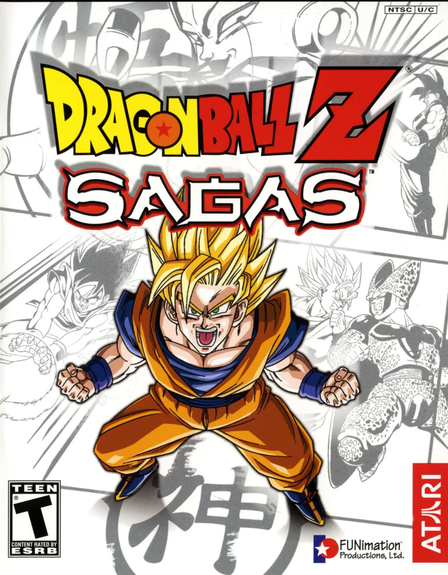 Dbz Video Games 桌布 壁紙 — 超級賽亞人悟空身穿橙色道服，握緊拳頭，在漫畫風格背景前向前躍進。