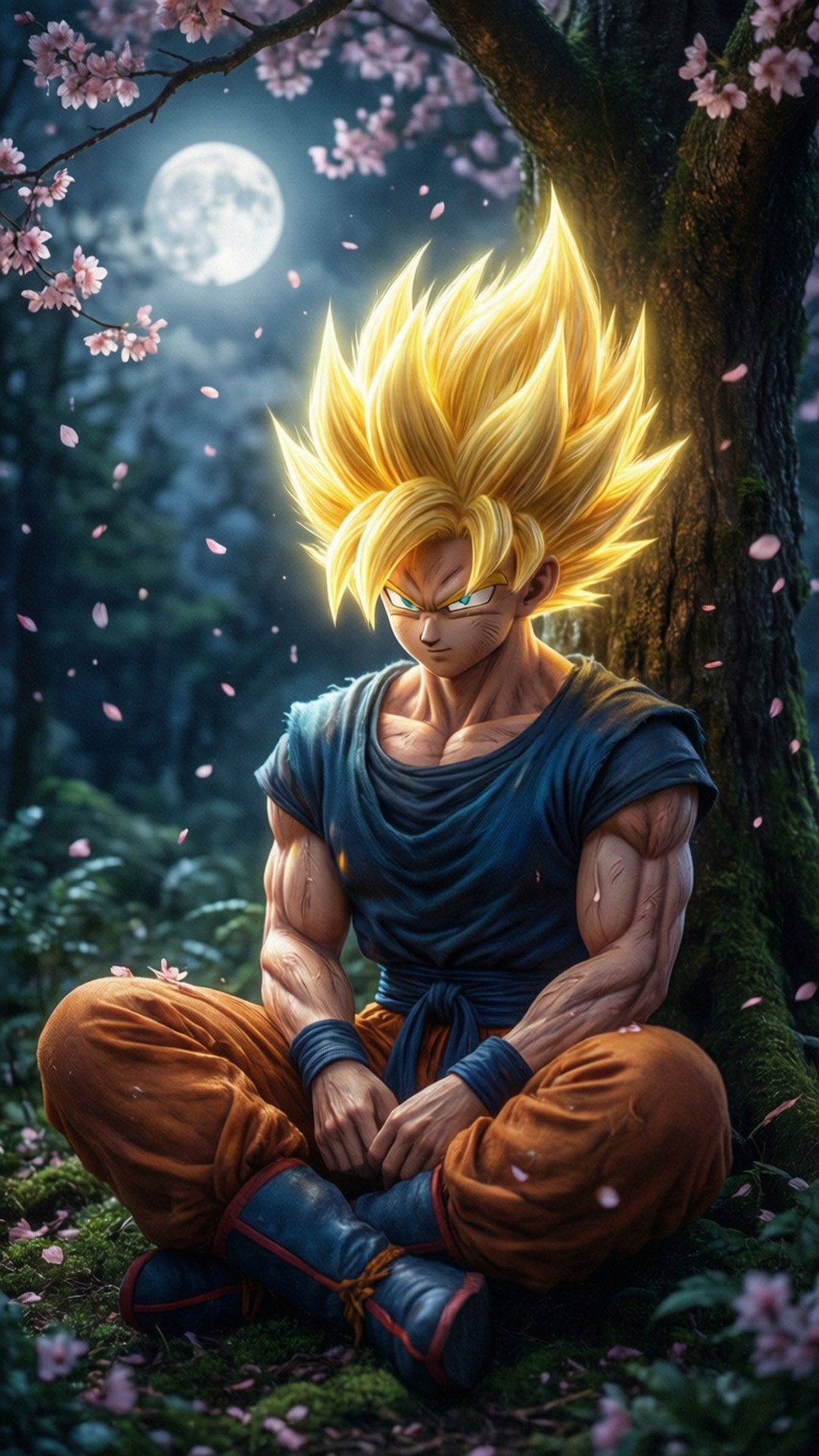Moonlit Serenity SSJ4 壁紙 — 一位金髮超級賽亞人戰士在櫻花樹下冥想，身後有一輪滿月照耀。