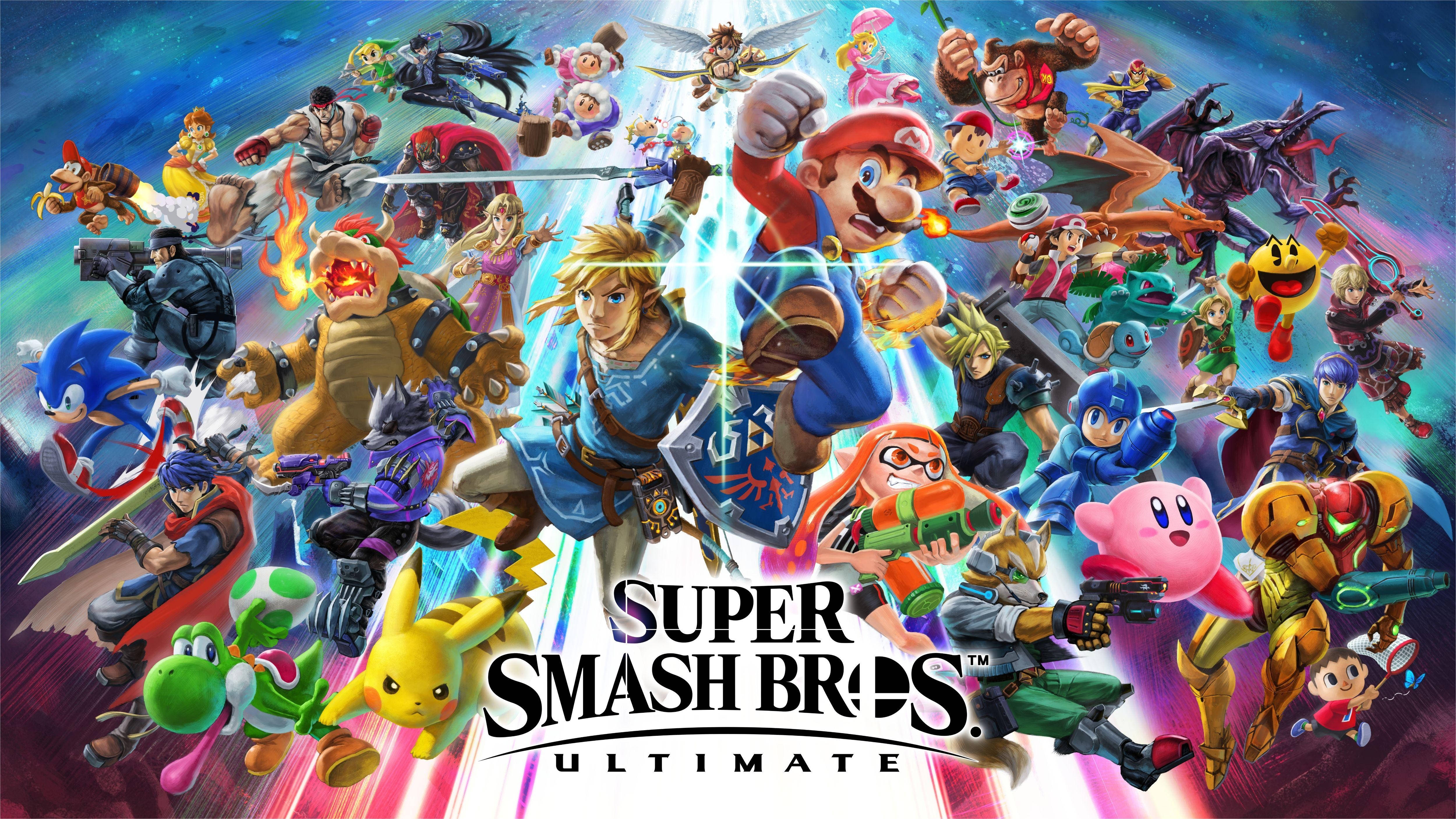 Smash Bros Ultimate 桌布 壁紙 — Super Smash Bros Ultimate 中標誌性電子遊戲角色在宇宙背景下動態擺姿勢的充滿活力的爆發。