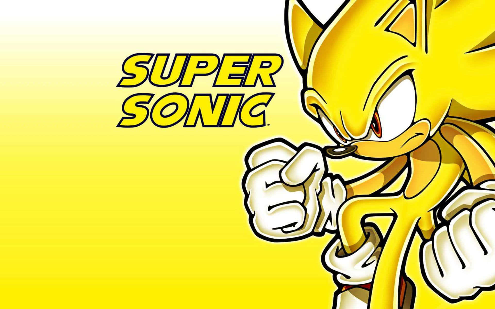 Super Sonic 桌布 壁紙 — Super Sonic 以動感姿態站在明亮的黃色漸變背景上，並帶有粗體文字。