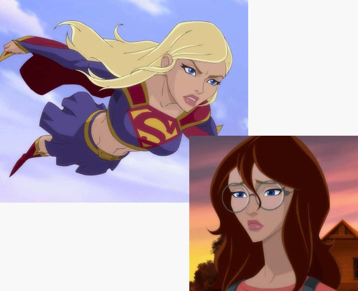 Superman Unbound 桌布 壁紙 — Supergirl 在柔和的藍天中動態飛翔，而一位戴眼鏡的女性在溫暖的日落背景下沉思地凝視。