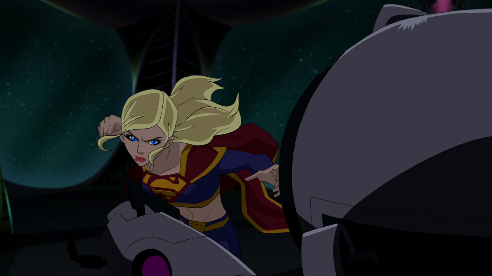 Superman Unbound 桌布 壁紙 — Supergirl 身穿標誌性的藍色和紅色套裝，在黑暗的未來主義背景下，閃爍著綠色球體，準備採取行動。