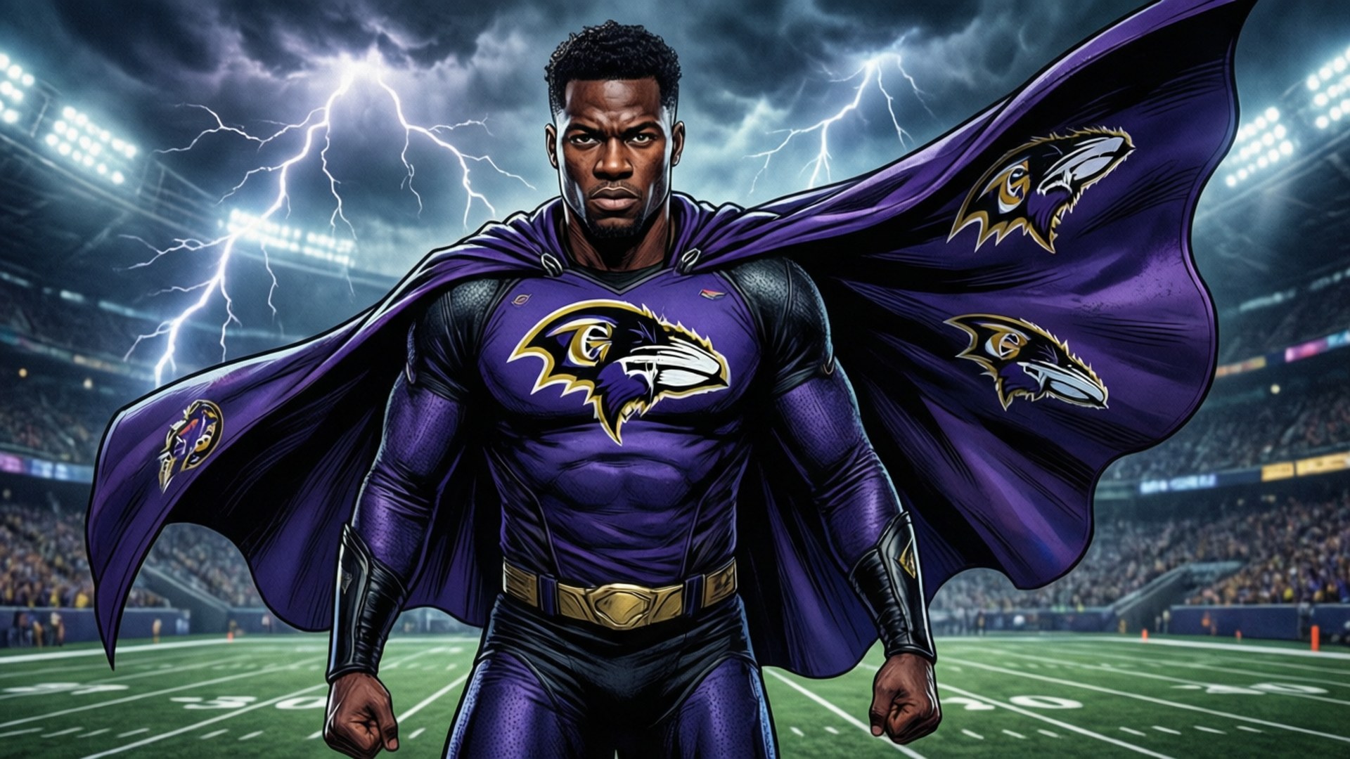 Marlon Humphrey 桌布 壁紙 — 一位身穿紫色Ravens制服的超級英雄在雷電交加的暴風雨天空下英勇地站在足球場上。